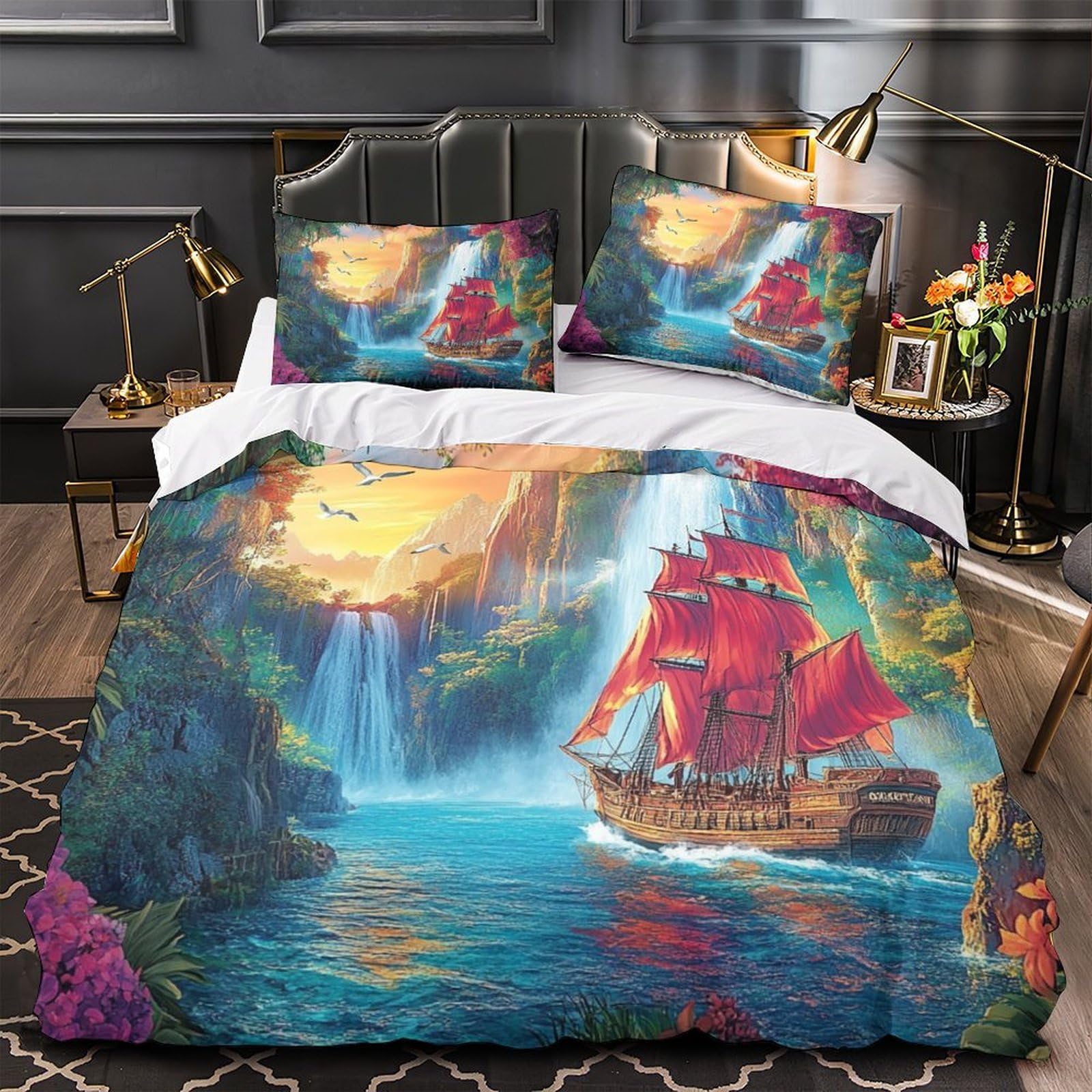 Housse de couette voilier 3D tropicale drap lit Super King 260x220cm