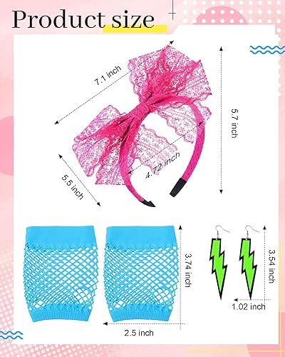 Miniatura 2 de Blulu Accesorios de disfraz de los años 80 para mujer, diadema de encaje, aretes de neón, guantes de red para fiesta retro de los años 80, Halloween