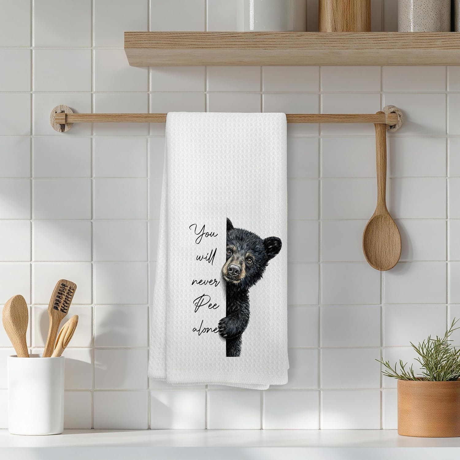 Funny Black Bear Bathroom Decor Hand Towel, You Will Never Pee Alone Whimsical Black Bear Hand Towel for Bathroom Washroom Restroom Decor, Wildlife Animal Lover Gifts for Women Men, 16x24 Inch - Image 5