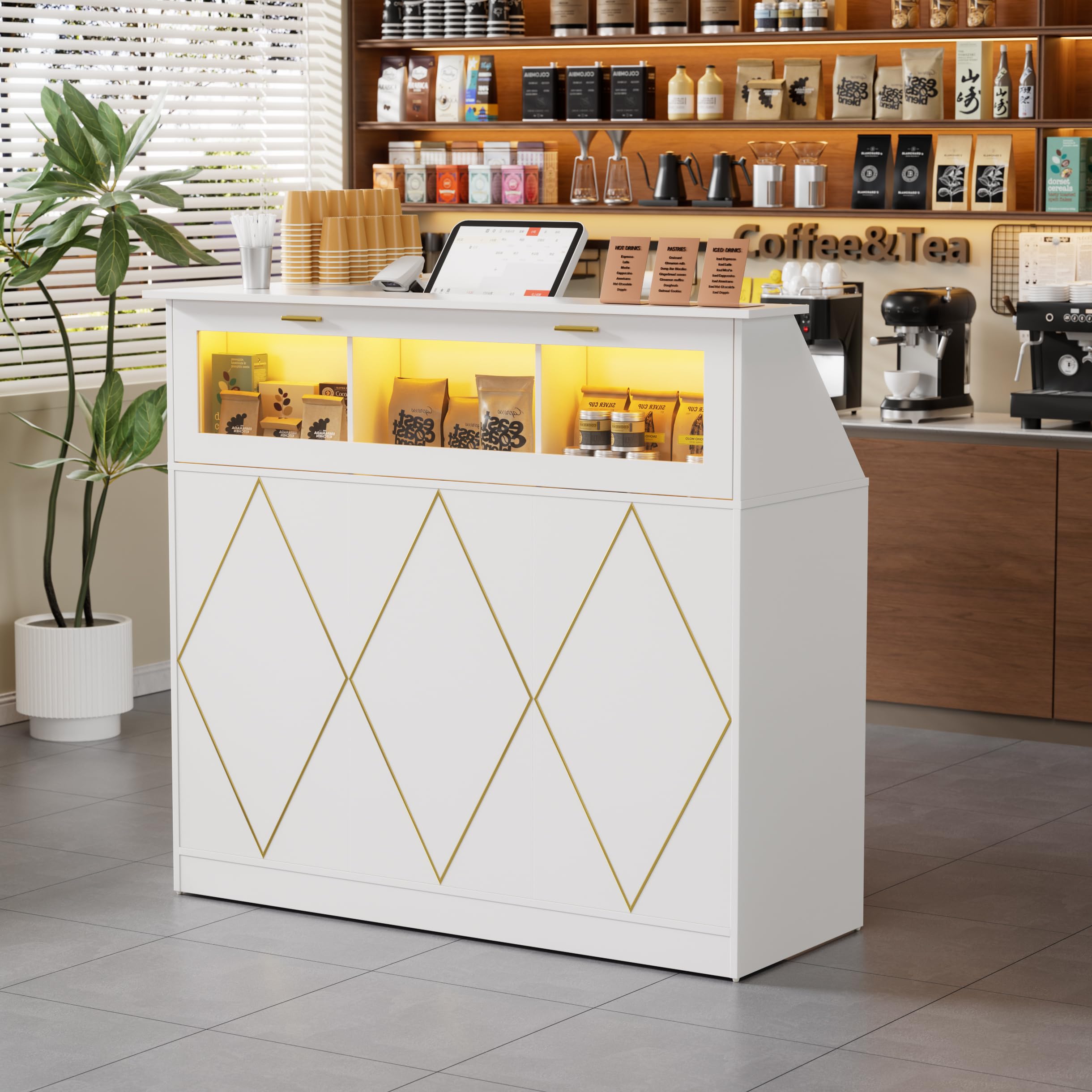 MSFE Empfangstheke mit LED, Empfangstresen Rezeptionstresen L Form mit Schubladen und Schränken, Moderner Rezeptionstheke Rezeption Tisch Verkaufstheke für Salon Geschäft Hotel,126x100x111cm (Weiß)