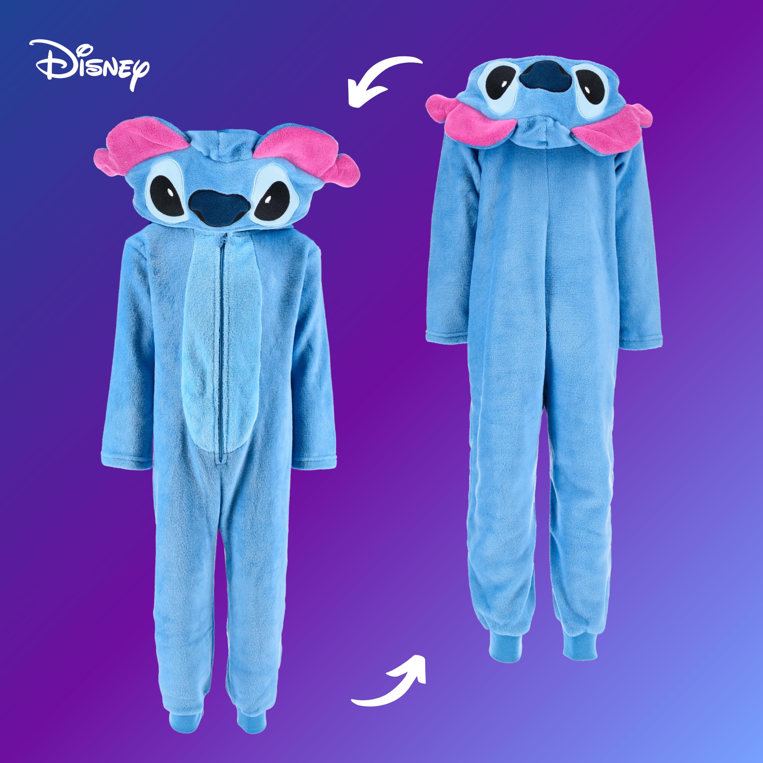 Disney Stitch Pyjama pour Fille, Pyjama Une Pièce à Capuche 3D en Polaire Douce, Cadeau pour Filles et Adolescents, Tailles 6 à 12 Ans
