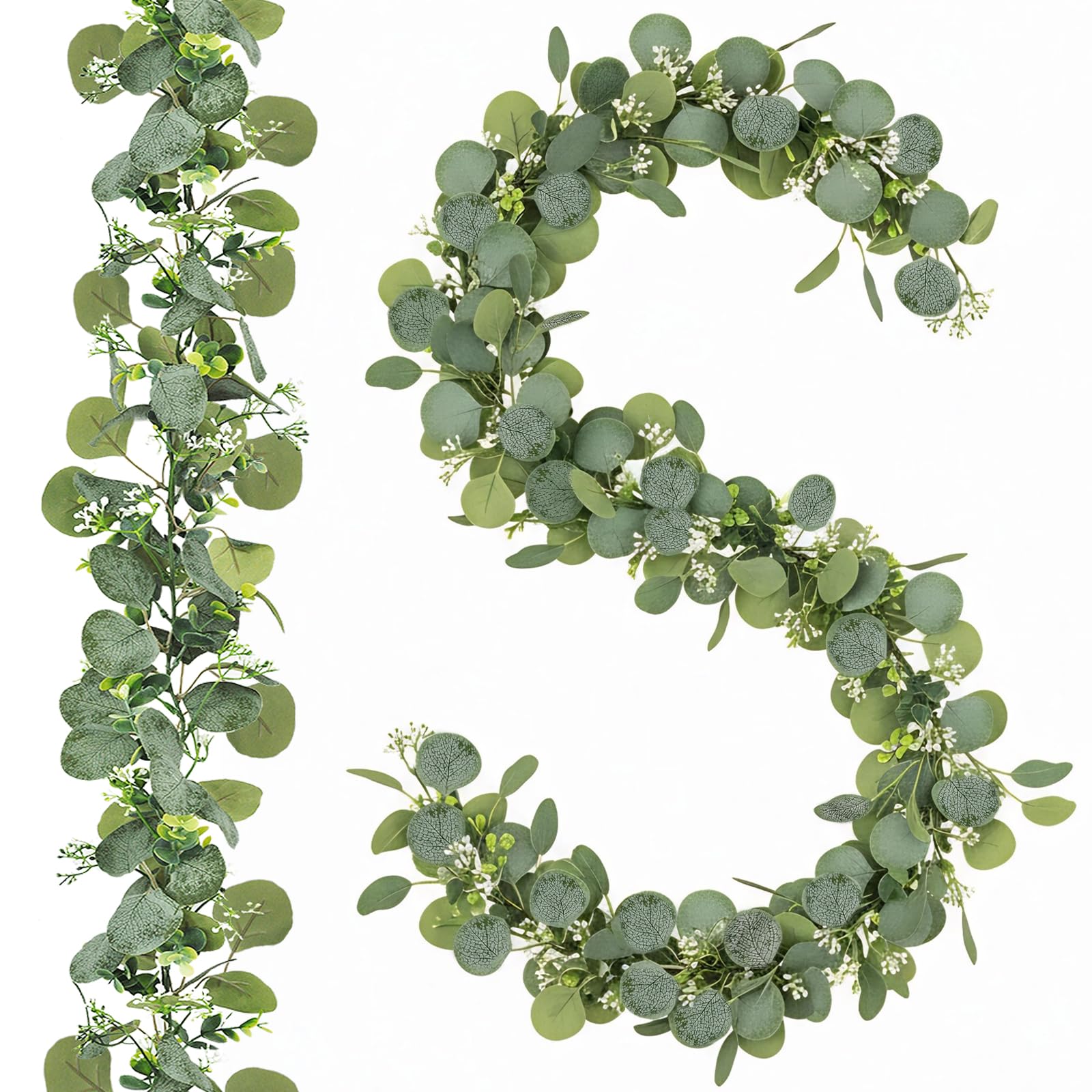 ROLLWAY 2 Stück Eukalyptus Girlande, Künstliche Girlande Pflanze 1,8m Hängend Grüne Blätter Deko mit Weiße Blumen Silberdollar Eukalyptusranke für Hintergrund Hochzeit Bogen Grün