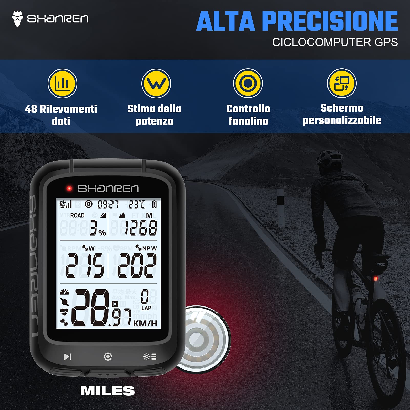 SHANREN Miles komputer rowerowy GPS, komputer rowerowy BLE i Ant + bezprzewodowy z oszacowaniem mocy, automatycznym podświetleniem, wodoszczelność IPX7, synchronizowany ze światłem rowerowym,