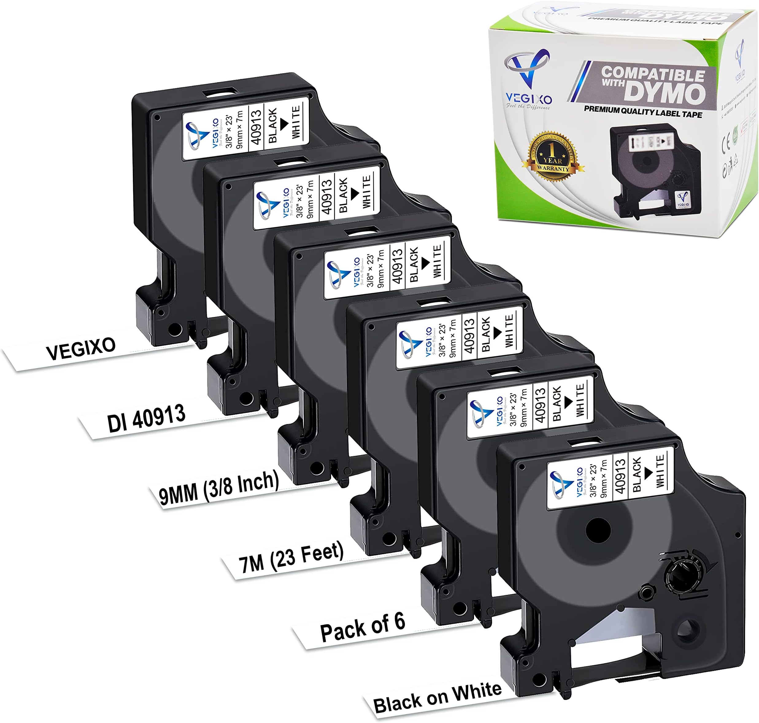 9mm X 7m - Black on White D1 Label Tape Pack of 6 - Replacement for 40913 S0720680 Dymo ‎Label Printer Tape, Compatible with Dymo Label Maker 160, 210D, Label Writer 450D, 500TS.