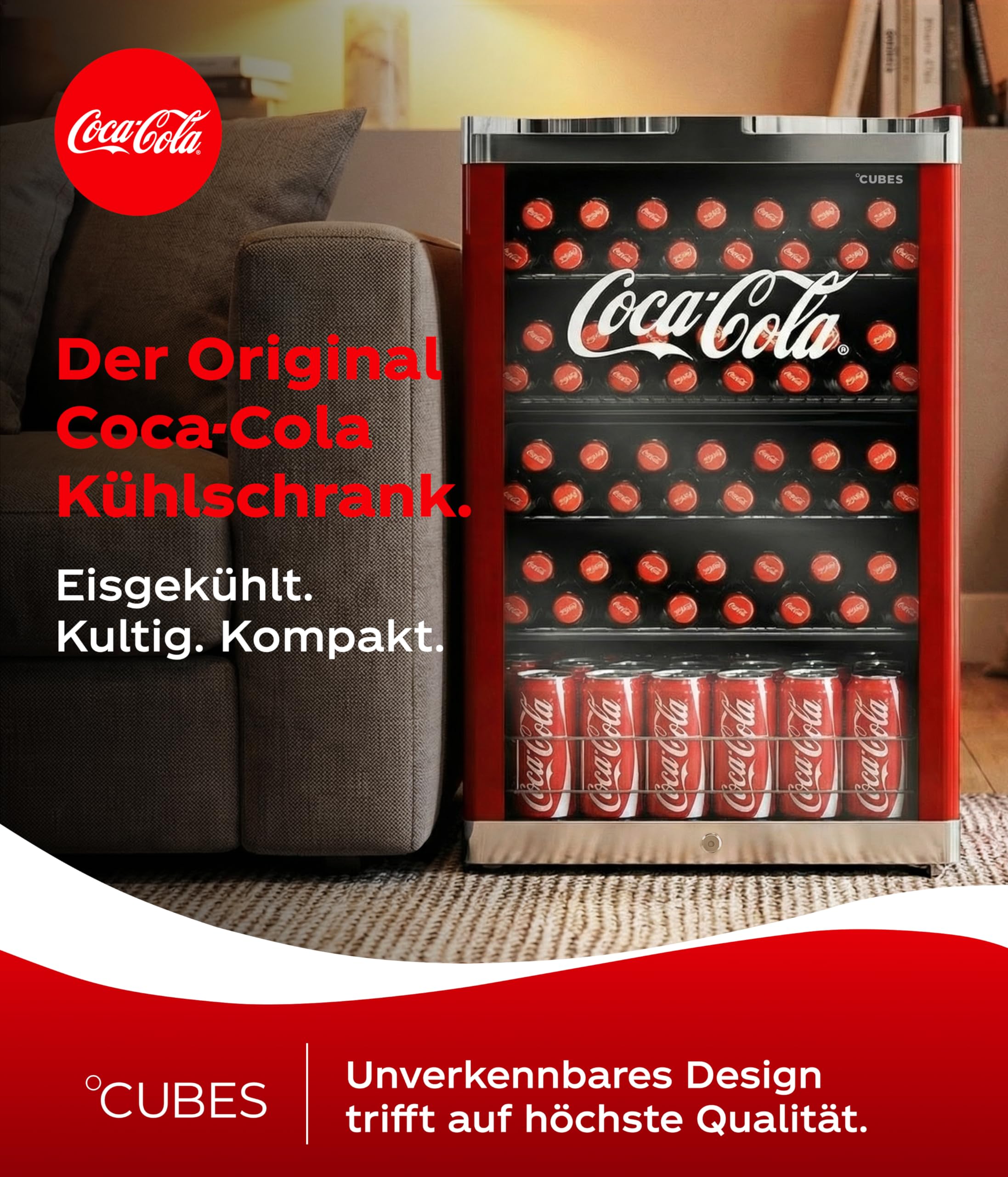 Coca Cola Kühlschrank 115L Getränkekühlschrank mit Glastür 84,5 cm hoch 104 kWh/Jahr
