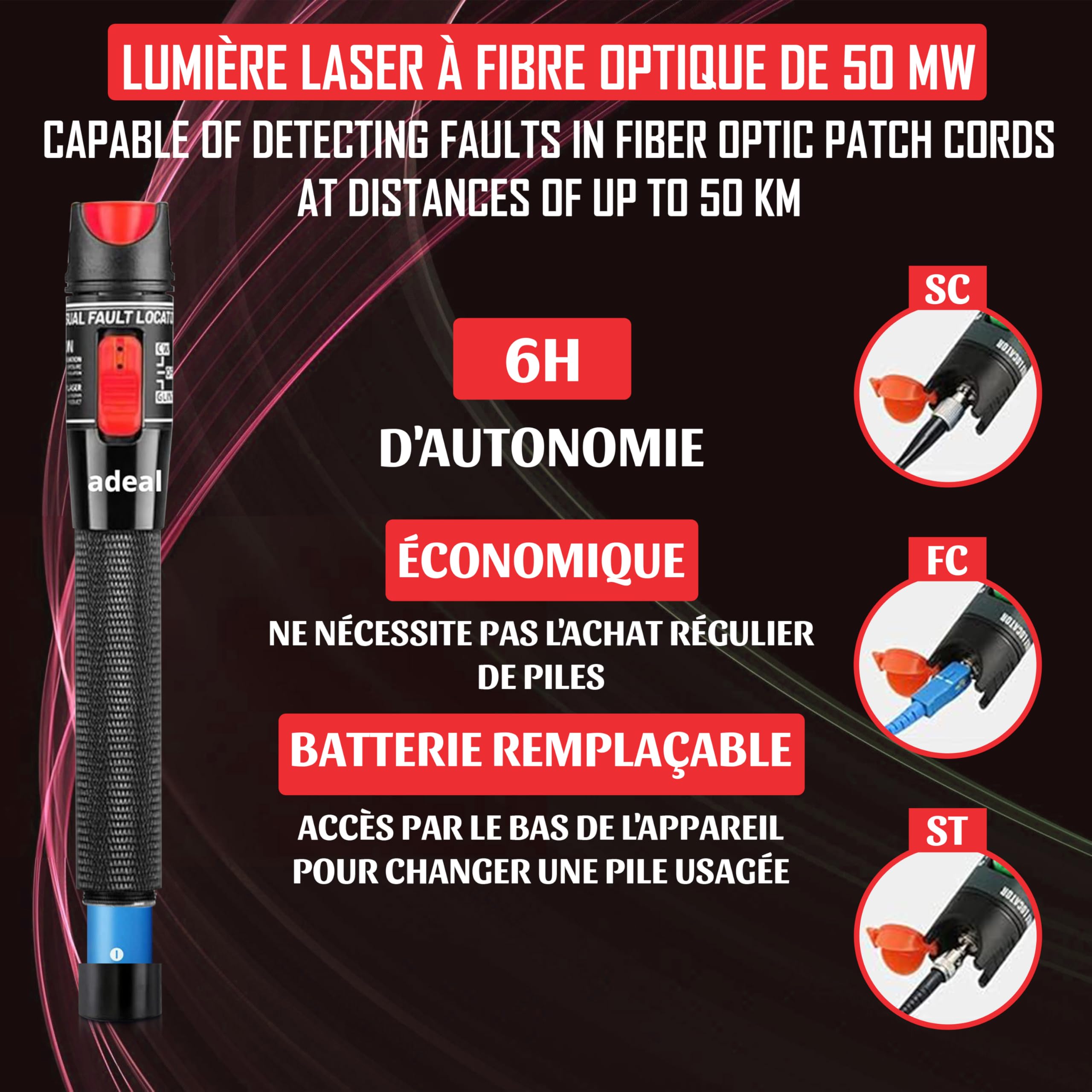 Kit Testeur Fibre Optique VFL - Localisateur de Défauts Visuels 50 km, Stylo Lumineux Laser Fibre Optique 50mW pour Test de Câble Réseau, avec Adaptateur Monomode 9/125 um FC Mâle vers LC Femelle.