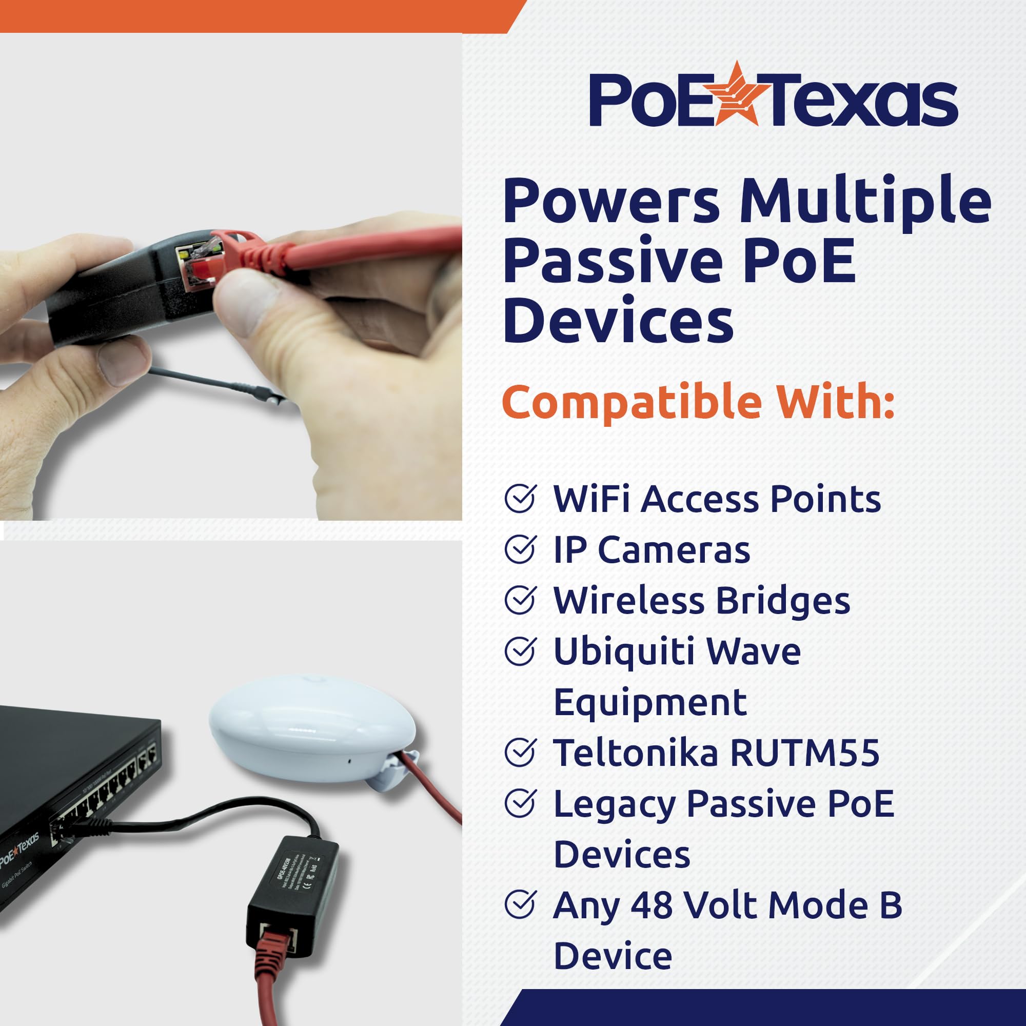 PoE Texas Convertisseur PoE actif à passif 48 V, Gigabit 25 W
