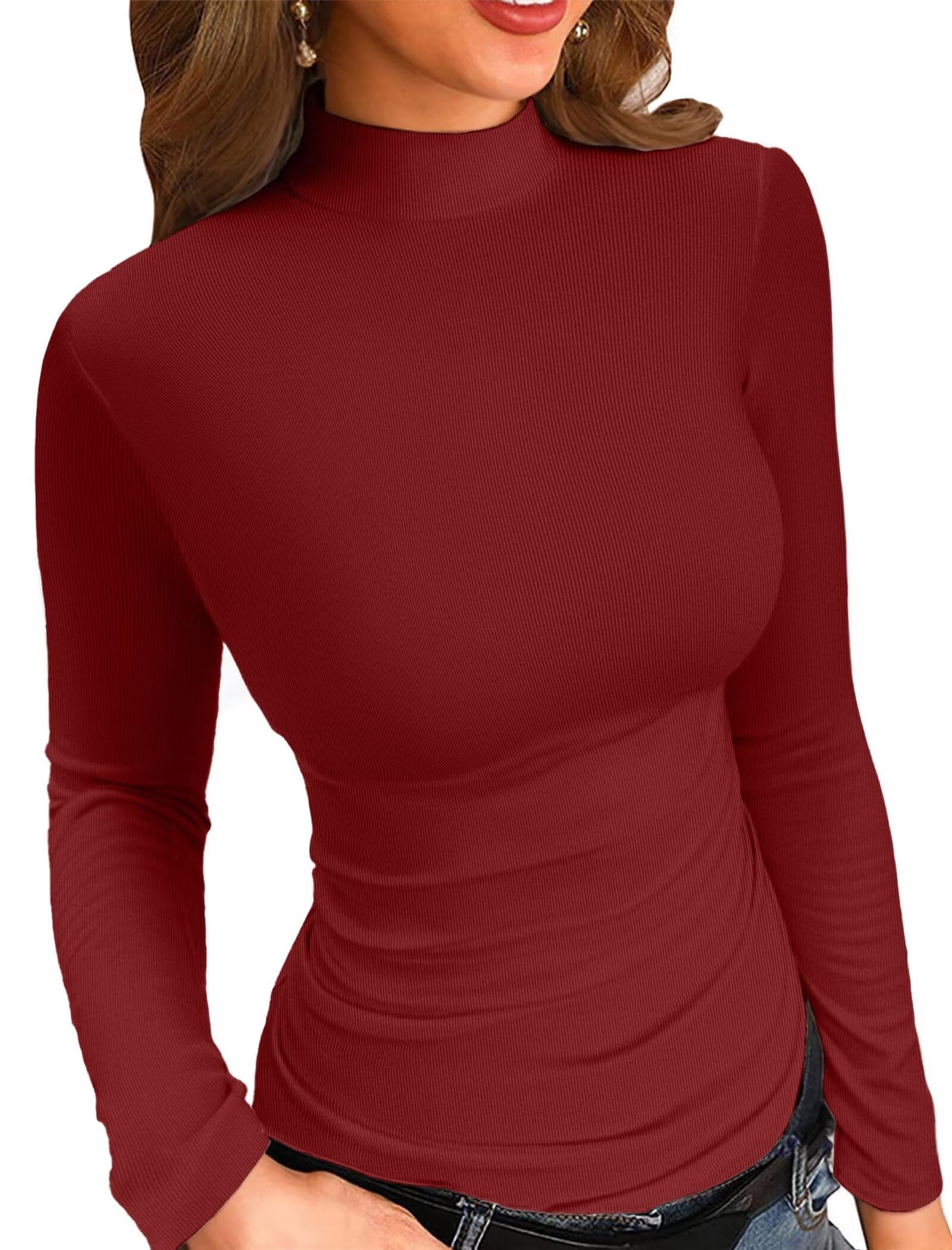 VICHYIE Womens Mock Neck Ribbed Long Sleeve Shirts Fall Slim Fitted Tops New Upgraded X-Large Wine Red