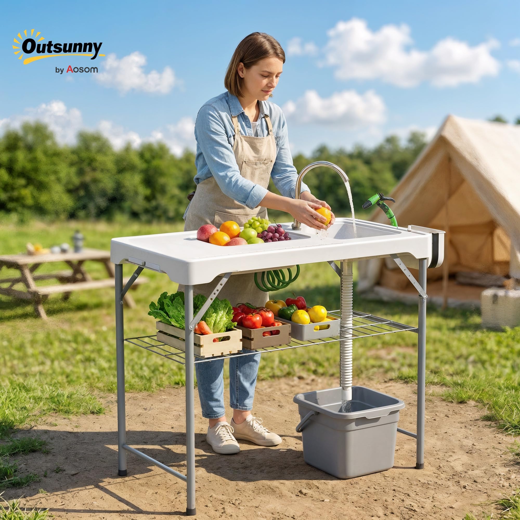 Outsunny Table pour nettoyer les poissons portable Table pliante pour camping avec 2 éviers, tuyau de drainage, station de nettoyage et robinet pour pêche barbecue Blanc