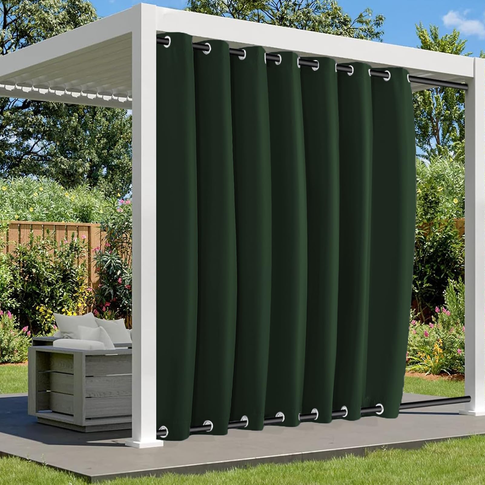 Waterproof Outdoor Curtains for Patio, Weatherproof Blackout Curtain with Top and Bottom Grommets, Thermal Insulated Privacy Outsides Curtain for Porch Pergola, 1 Panel, W100"xH108", Dark Green