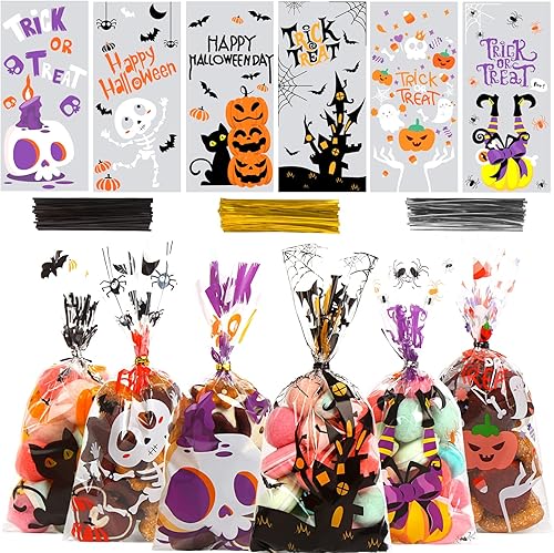 DIYASY Paquete de 180 bolsas de celofán de Halloween, bolsa de plástico para dulces para niños, bolsas de aperitivos transparentes de golosinas para