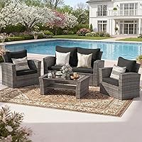 Wisteria Lane 4-Piece All-Weather Wicker Patio Conversation Set with Cushions & Glass Table, Black Outdoor Sofa Furniture