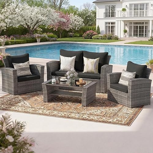 Wisteria Lane 4 Piece Patio Furniture Set, Wicker Outdoor Patio Conversation Furniture Set, All Weather Outdoor Patio Sofa with Cushion and Glass Table, Black