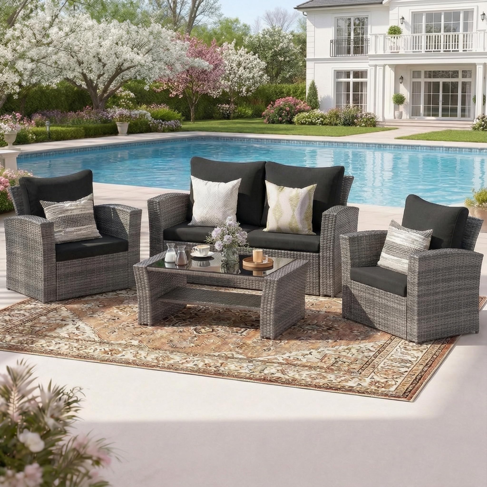 Wisteria Lane 4 Piece Patio Furniture Set, Wicker Outdoor Patio Conversation Furniture Set, All Weather Outdoor Patio Sofa with Cushion and Glass