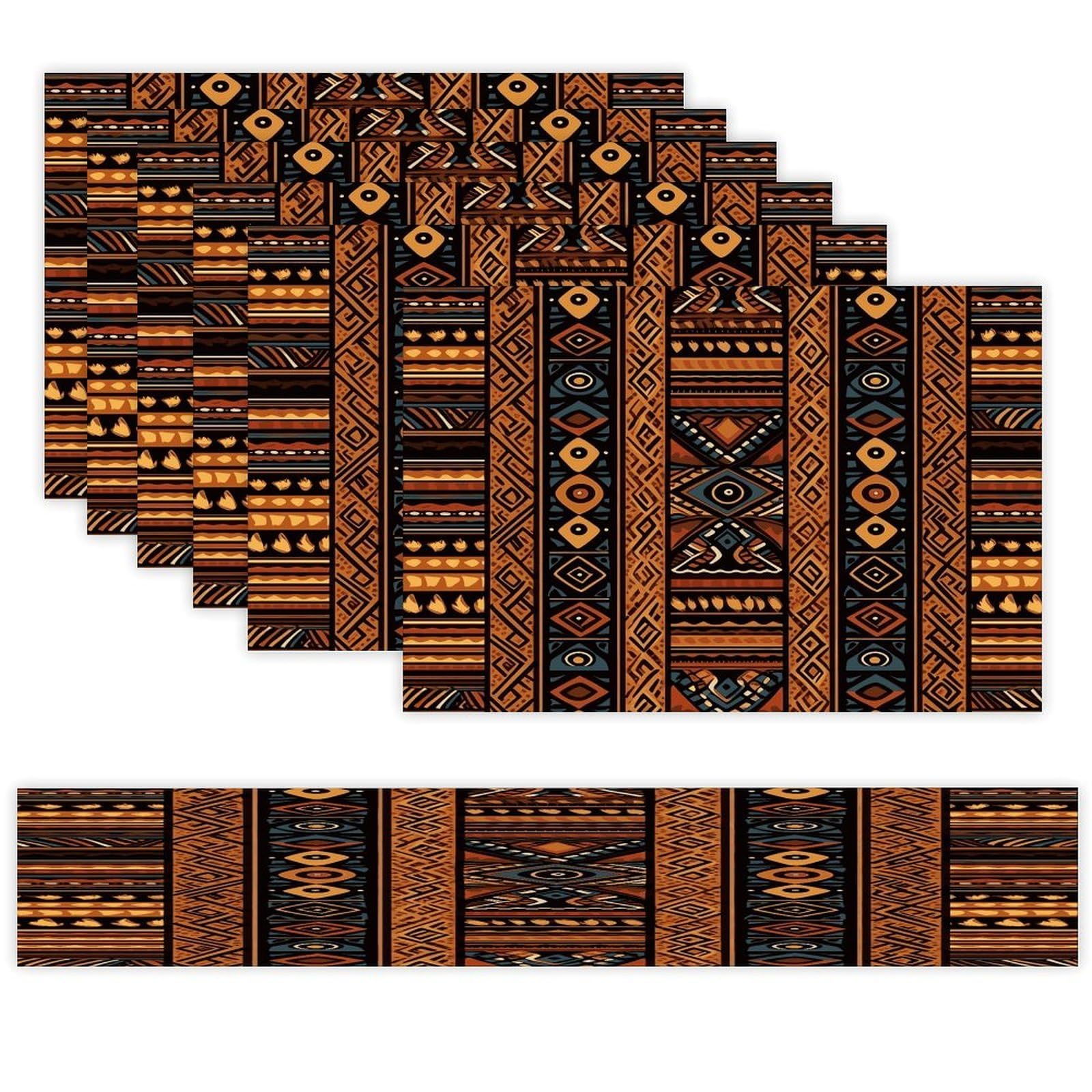 Traditional African Design Pattern Table Runner and Placemats Set of 6 for Kitchen Washable Table Mats Heat Resistant Place Mats Non-Slip Place Mat Wipeable Placemat(6 Placemats+1 Table Runner)