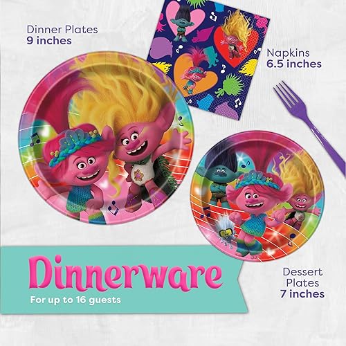 Miniatura 5 de Decoraciones de fiesta de cumpleaños Troll  Sirve a 16 invitados  Globos, mantel, platos, servilletas, tenedores, velas, botón