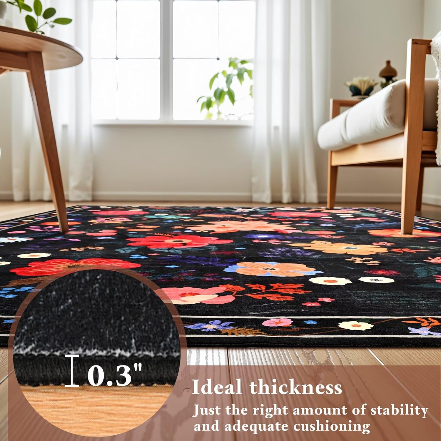 Macgace 2.5x8 Floral Runner Rug, Flowers Printed Washable Rugs with Non Slip Backing for Girls Bedroom Kitchen Hallway,Cute Carpet Runners Home Aesthetic Decor, Black