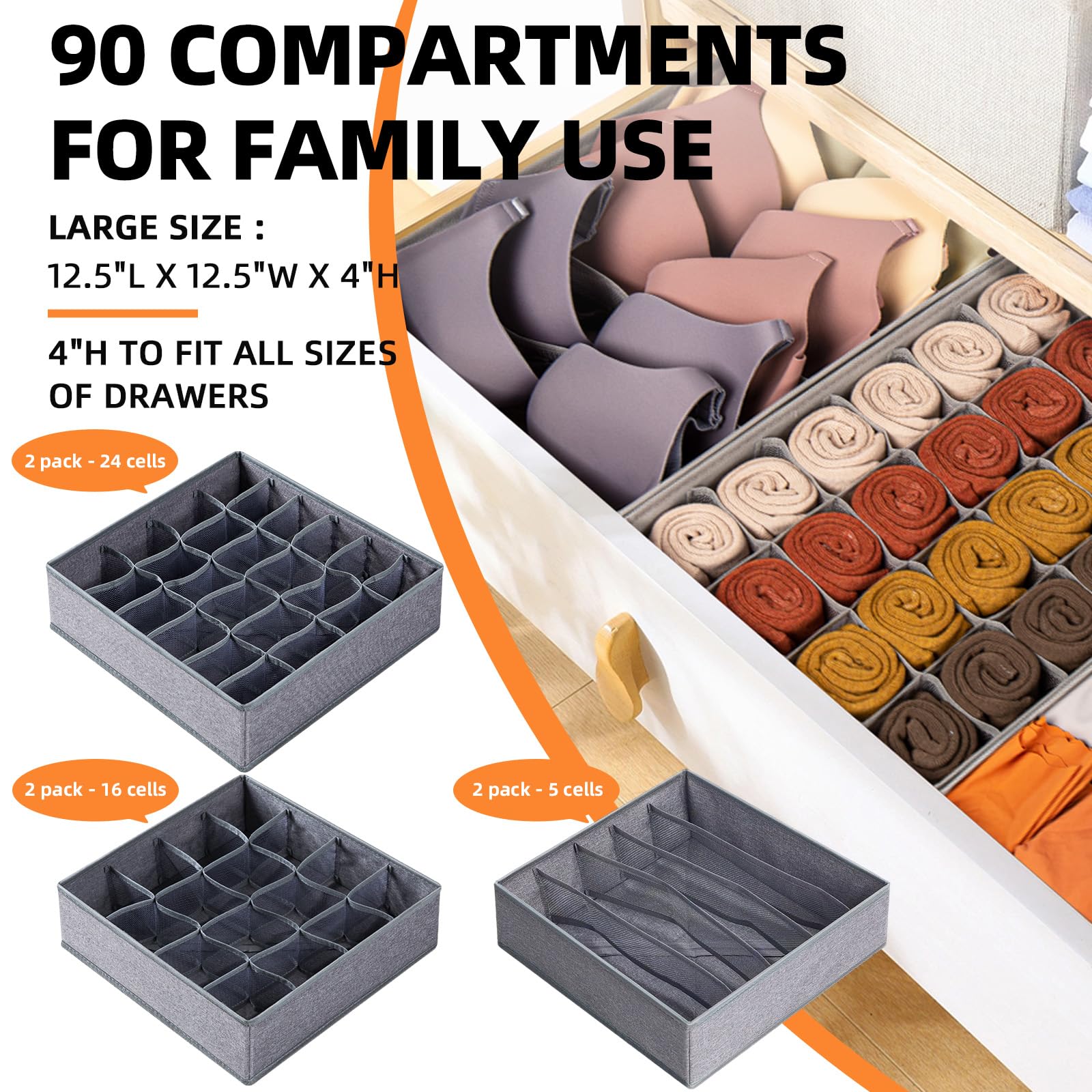 Criusia Große Schubladen-Organizer für Socken, Unterwäsche, waschbar, robuster Stoff, Schrank-Organizer und Aufbewahrungsbehälter, 90 Zellen, Kommoden-Organizer, Trennwand für Babykleidung, Krawatten,