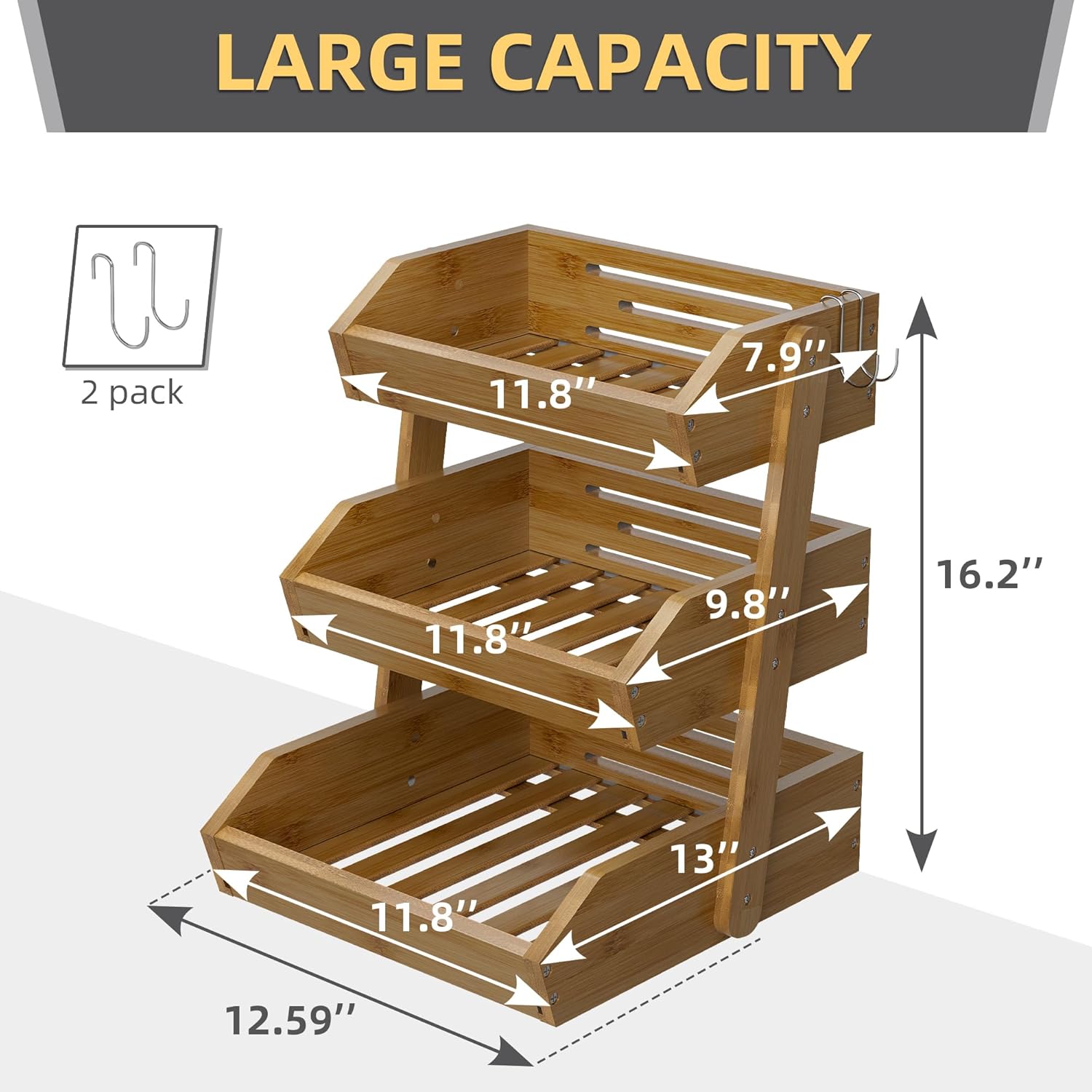 3 Tier Fruit Basket For Counter, Large Capacity Fruit Storage Countertop, Fruit Holder, Wooden Pantry Organizers and Storage, Kitchen Countertop Organizer With 2 Banana Hangers (Walnut)