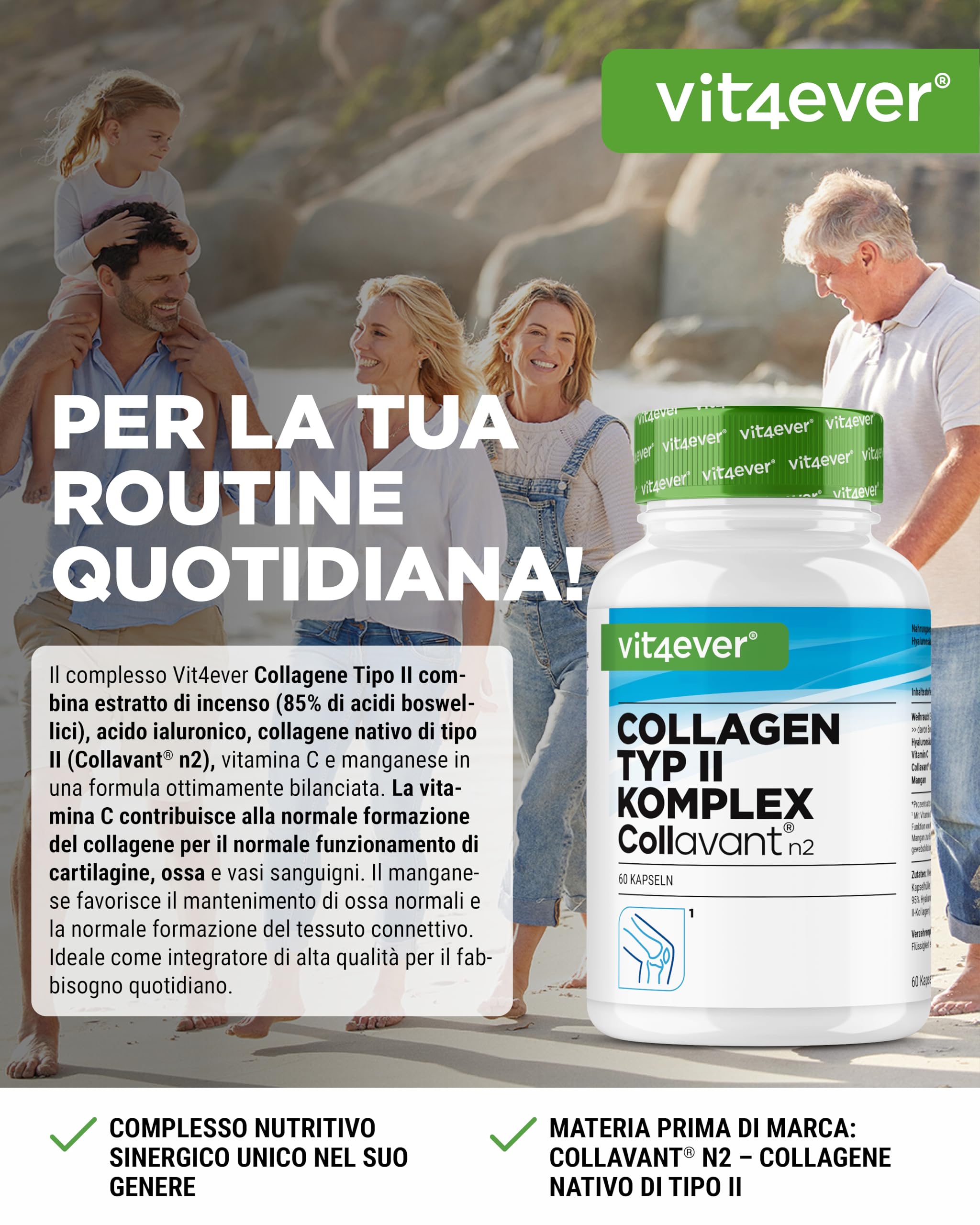 Complesso Collagene di tipo II - con collagene nativo Collavant n2®, estratto di incenso, acido ialuronico, vitamina C, manganese per ossa, cartilagini e articolazioni