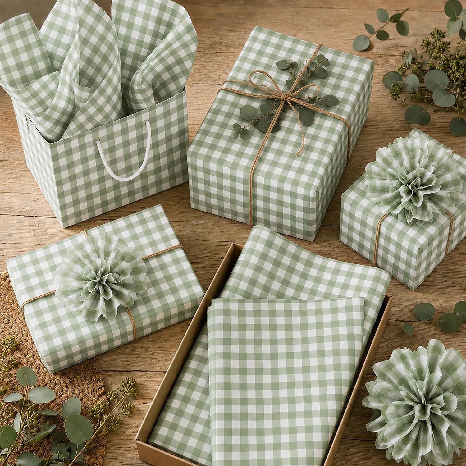 60 Sheets Sage Green Plaids Tissue Paper for Gift Bags Gingham Plaid Tissue Bulk for Gift Wrapping Birthday DIY Crafts Baby Shower Party Supplies, 13.8 x 19.7 Inch (Sage Green)