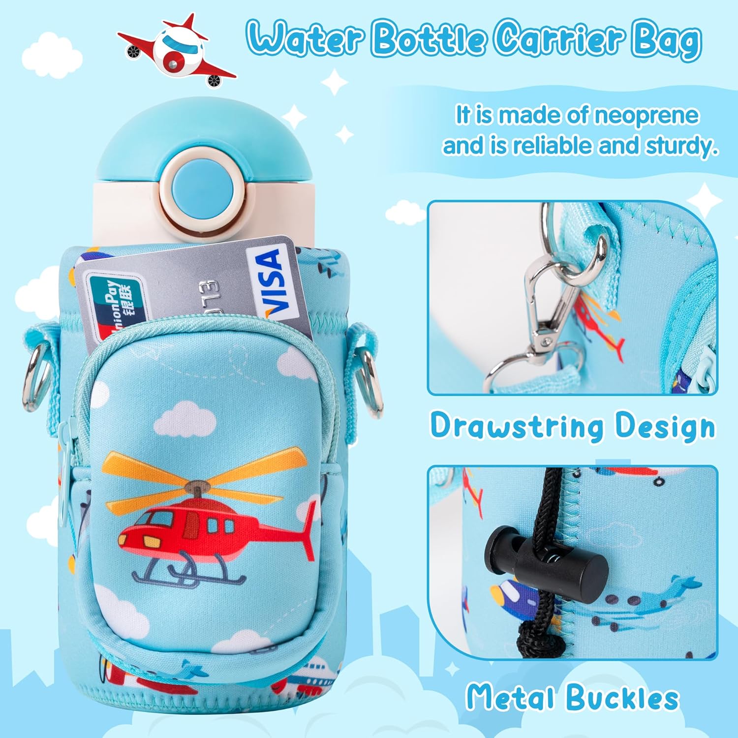 Water Bottle Carrier Bag with Strap for Kids - Water Bottle Bag Holder with Padded Strap Pocket 10/12/14/16/18Oz for Boys Girls School Walking Hiking Camping - Image 3