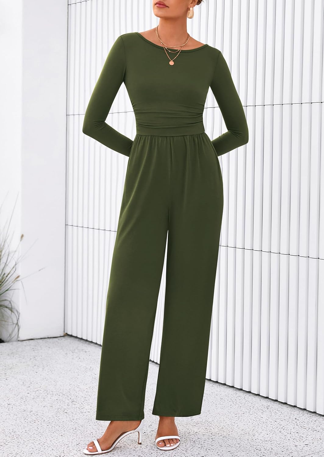 prettygarden one piece jumpsuits for women dressy casual long sleeve crewneck wide leg romper overalls spring outfits 2026 army green small