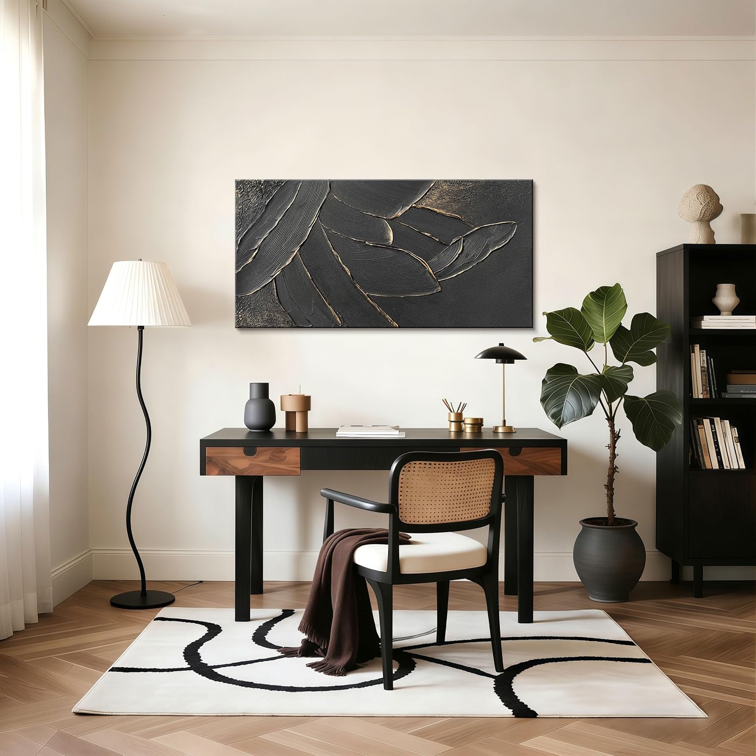 WENGTIAO Hand Painted Black Wall Art Abstract Oil Painting With Gold Dust Thick Texture Modern Artwork 56x28 inch Large Minimalist Art on Canvas for Living Room Office Corridor Home Decor