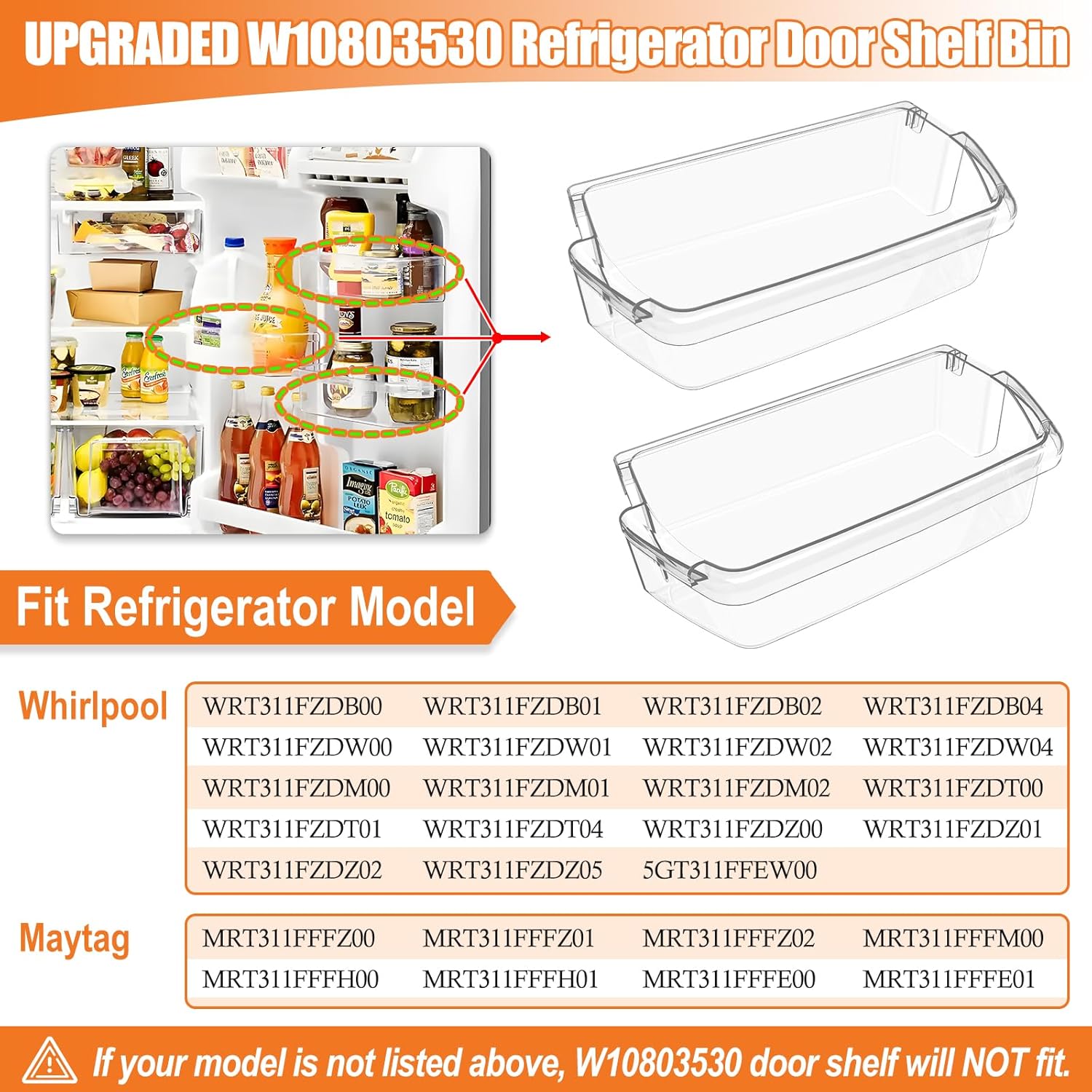 [2 PACK] UPGRADED W10803530 Refrigerator Door Shelf Replacement Compatible with Whirlpool Maytag Refrigerator Door Shelf WRT311FZDW00 WRT311FZDM00 Door Shelf, Replace W10582649 AP5982593 Door Bin