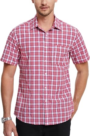 HISDERN Plaid Shirts for Men Short Sleeve Button Down Shirt Casual Formal Business Gingham Shirts with Pocket Regular Fit