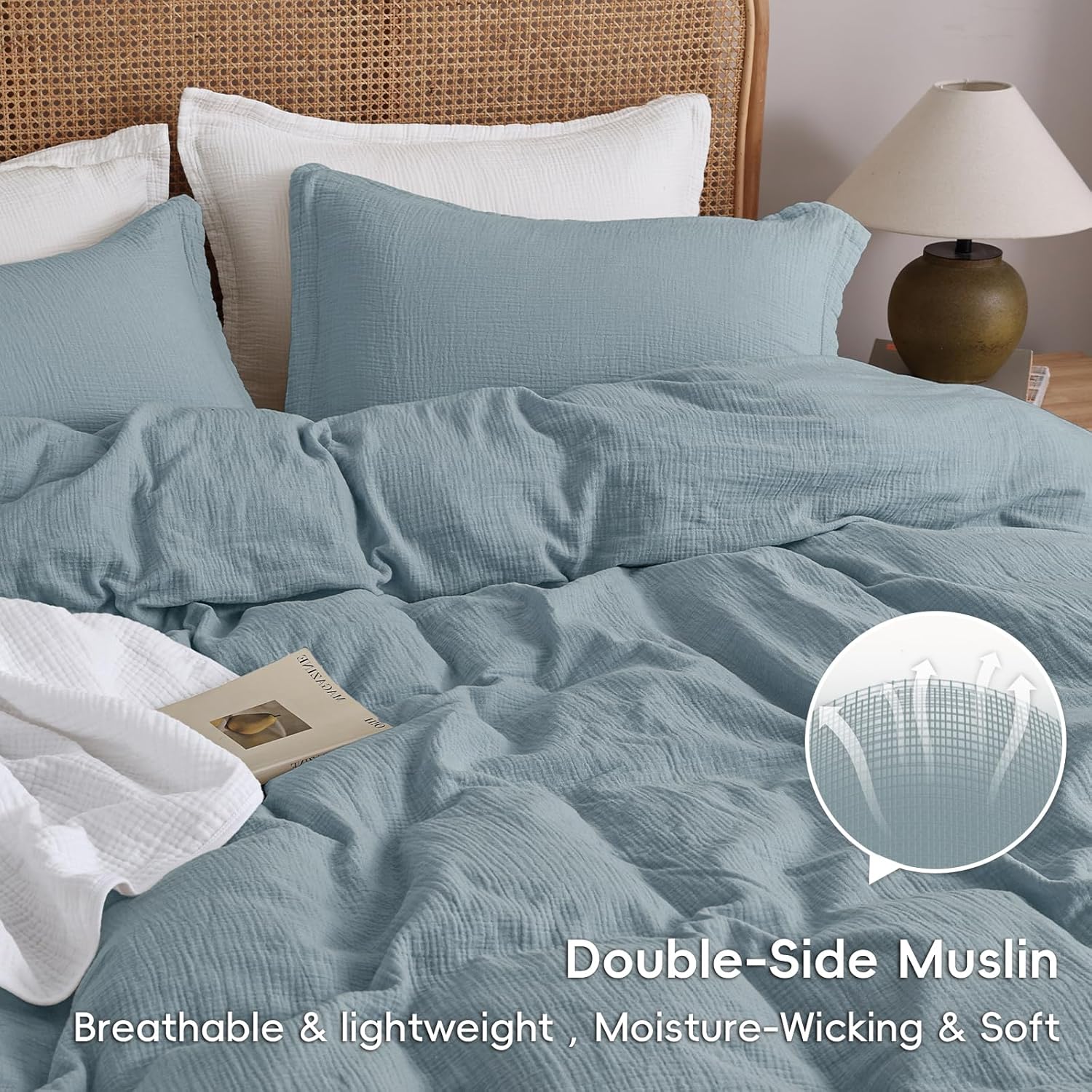 PHF 100% Natural Cotton Muslin Duvet Cover Set Queen Size, Ultra Soft Breathable Absorbent, Luxurious Minimalist Gauze Bedding for All Season, Duvet Set with 2 Pillow Shams, 90" x 90", Dusty Blue