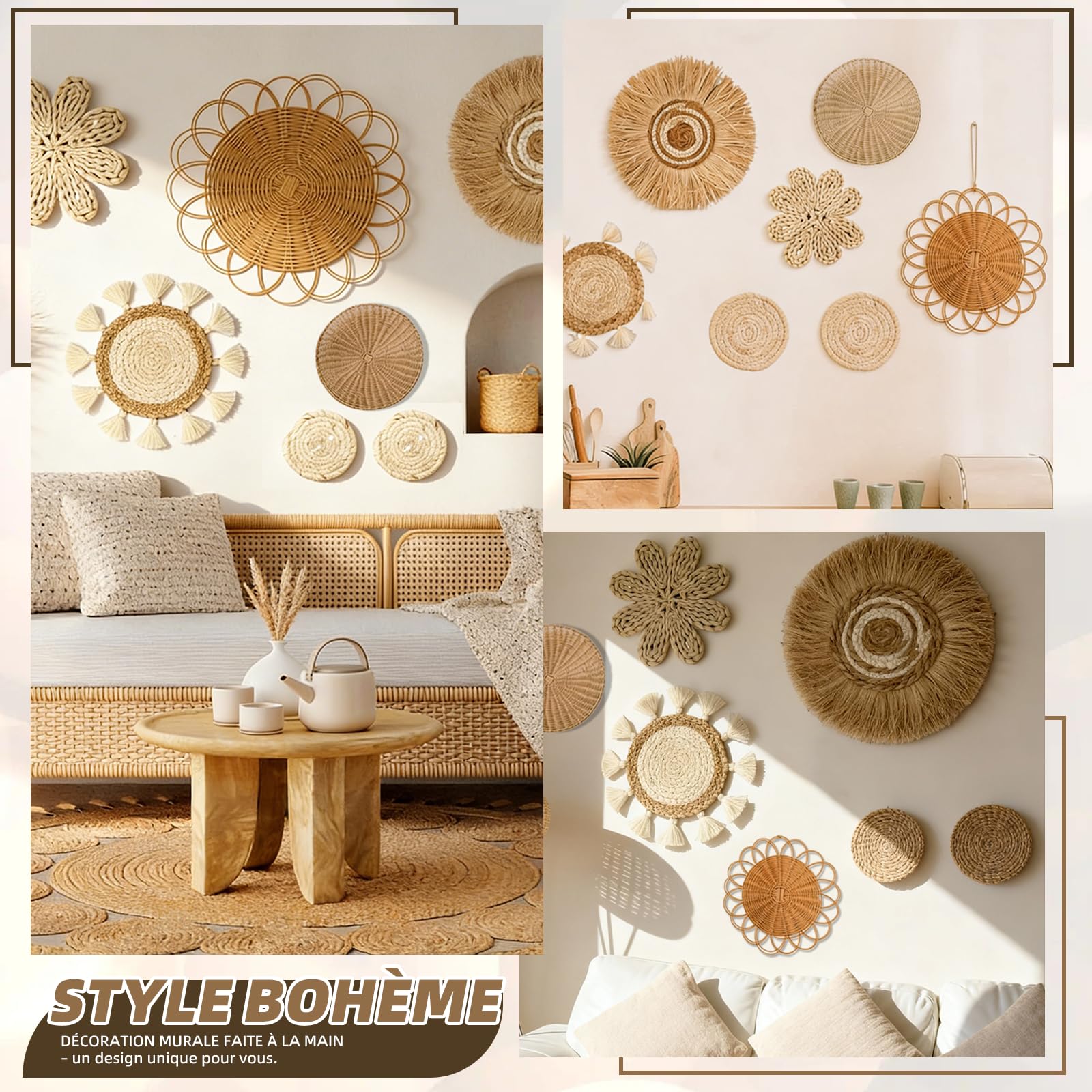 CeyKvo Ensemble de 7 paniers muraux de style bohème, décoration murale en osier d'algues marines, décoration murale ronde, idéal pour le salon, la chambre, etc.