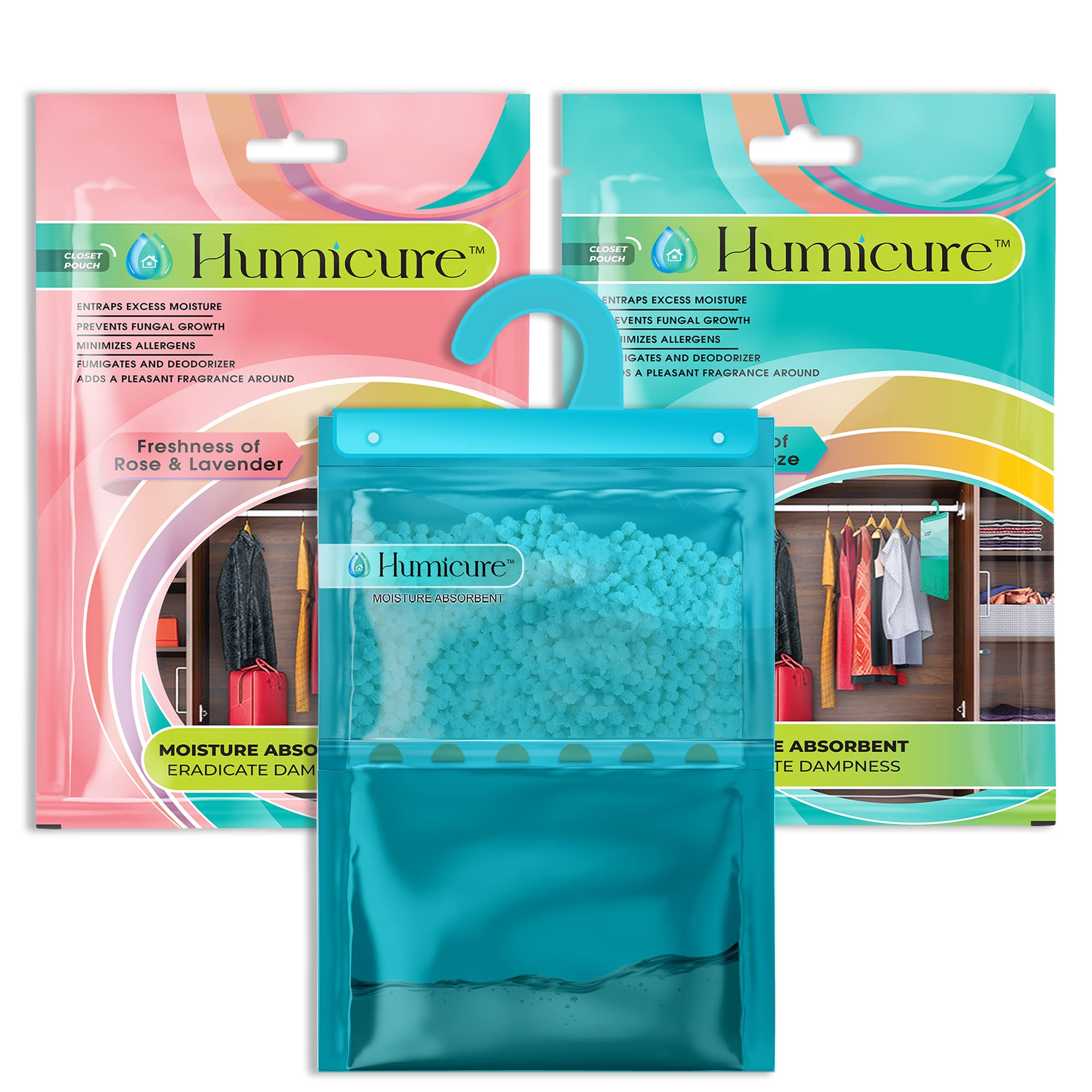 Humicure Moisture Absorber Dehumidifier Hanging Bags with 1 Litre Absorption Capacity for Wardrobe, Bathroom, Kitchen and Bedroom; Prevents Mould & Fungus (Pack of 2, 400gram each, Rose & Ocean)
