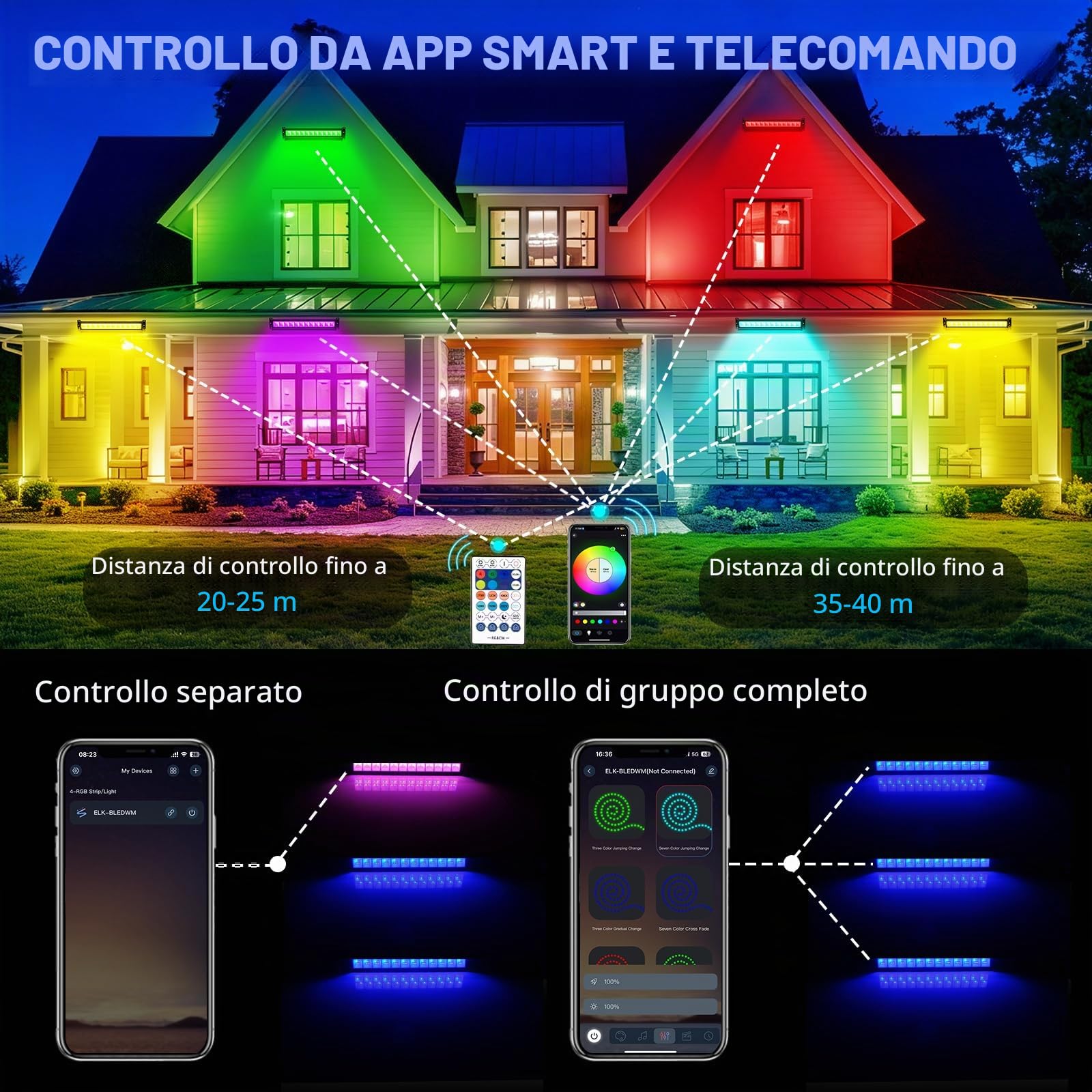 T-SUN 50W Barra LED RGB, 4 Pezzi RGB Faretto LED Esterno, Faretti Colorati Intelligente con Telecomando/APP/Memoria/Timer/Impermeabile IP66 per Scenari Bar Festa Giardino