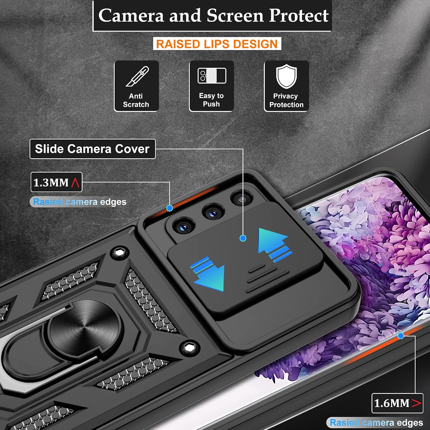 Compatible with Samsung Galaxy S20 Plus Case,Samsung S20 Plus Case with HD Screen Protector with Slide Camera Cover, 360°Rotation Ring Kickstand [Military Grade] Case for Galaxy S20+ Plus,Black