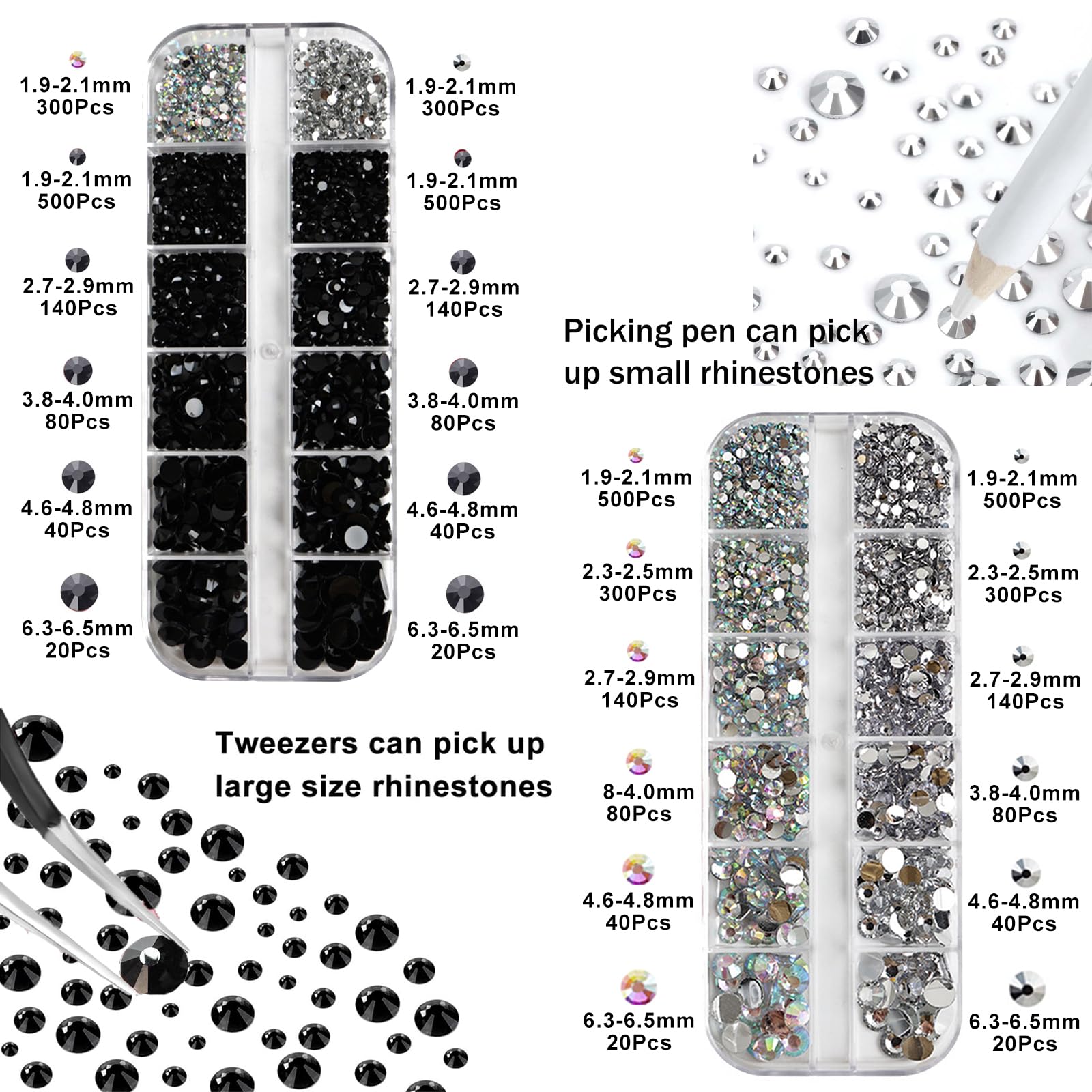 4320 pezzi di Strass Make Up, colore Nero e Transparent AB, per nail art, 5 Dimensioni, strass trasparenti rotondi con Pinzette e Matita di Cera, DIY Strass per Scarpe