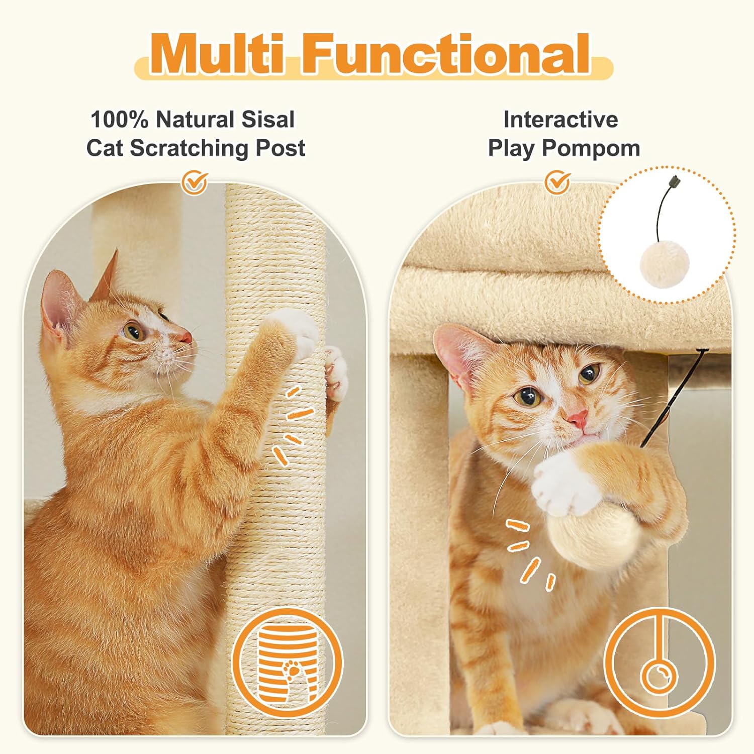 PEQULTI 68'' Cat Tree for Large Cats 20 lbs Heavy Duty, Tall Cat Tower for Indoor Big Cats with Extra-Large Top Perch [21'' x 17''], 2 Large Cat Condos, Cat Scratching Post and Cozy Hammock, Beige