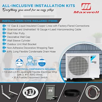 Daikin 12,000 Btu 18 SEER2 Ductless Mini-Split Wall Mount Heat Pump Air Conditioner - R32 w/Installation Kit, 1/2 Whip, 30A Disconnect, and Wall Bracket