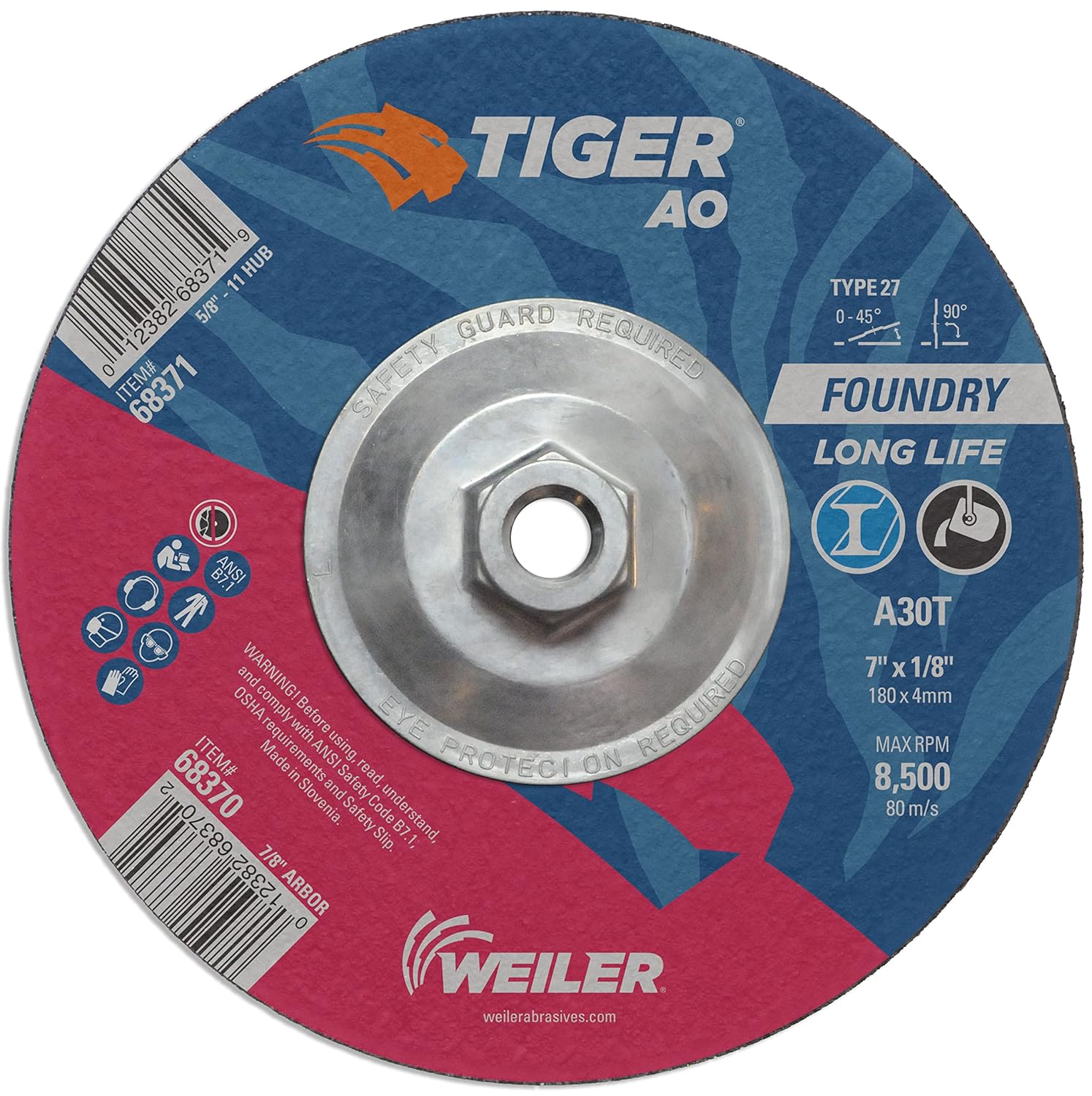 Weiler 68371 7" x 1/8" Tiger AO Type 27 Cut and Grind Combo Wheel A30T 5/8-11 Nut, (Pack of 10)