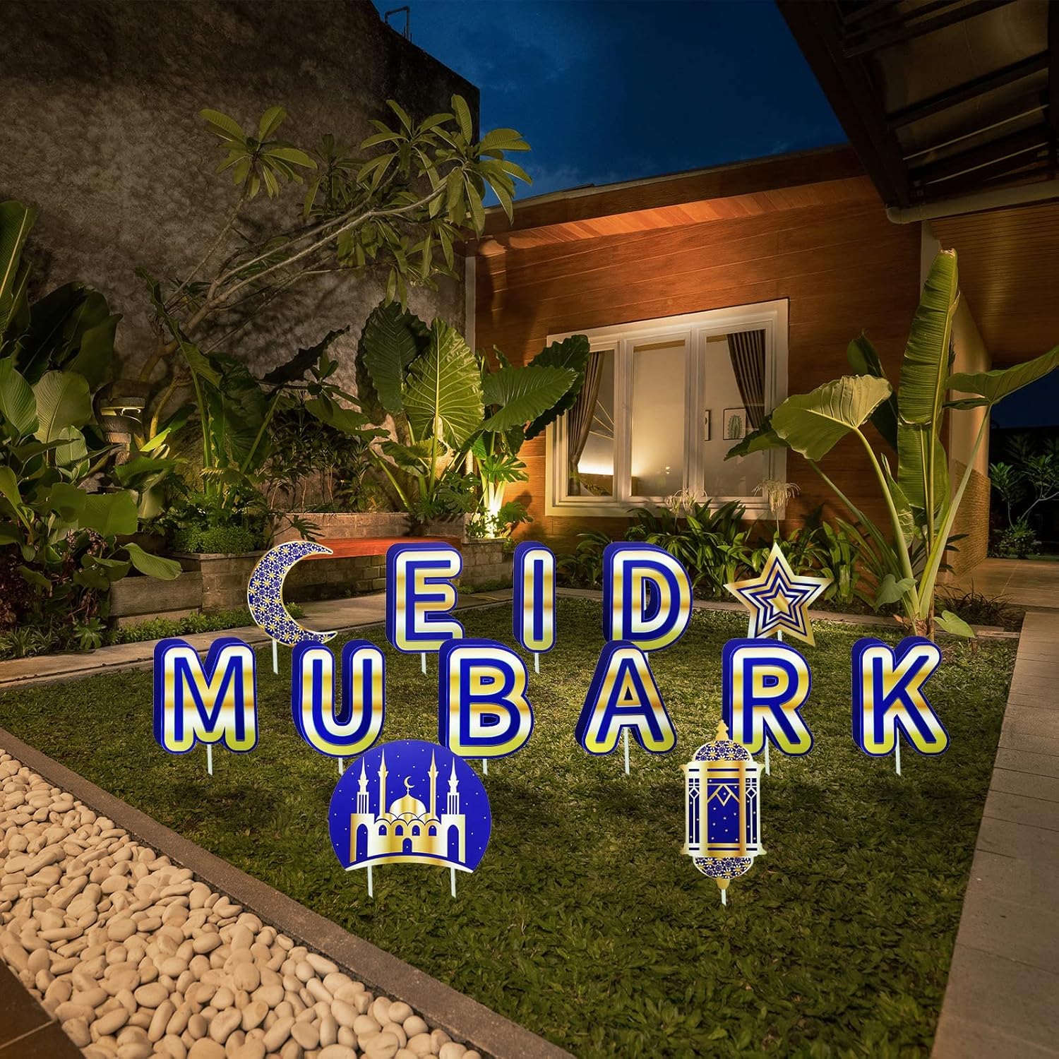 14 Sets Eid Mubarak Yard Sign Ramadan Yard decor Moon Lantern Star Outdoor Lawn Decorations Islamic Celebration Sign with Stake for Eid Mubarak Party Supplies, 12 x 14 In, 14 x 14 In, Single Sided