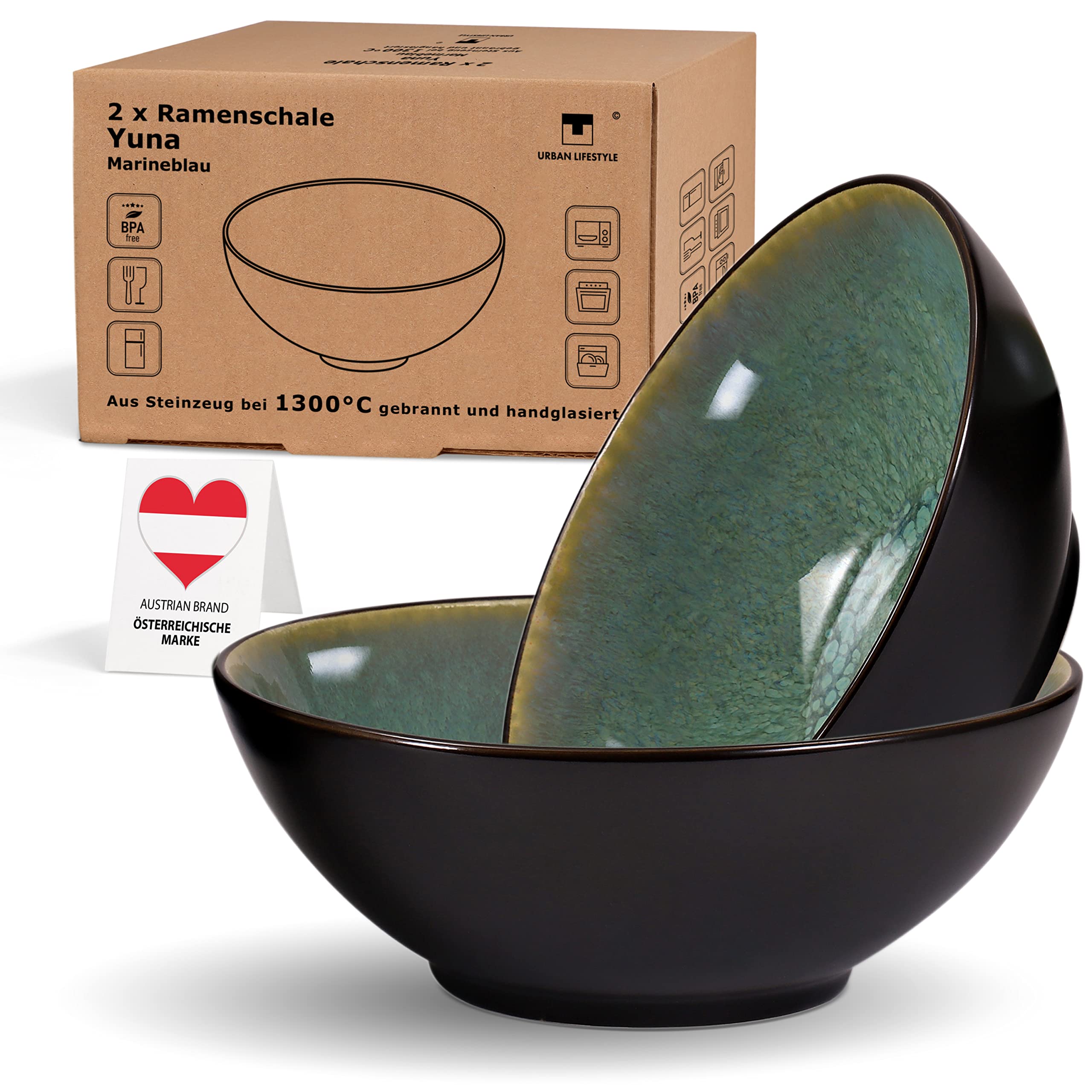 Urban Lifestyle Set di ciotole per ramen in ceramica, 2 pezzi, 20 cm, 900-1000 ml, ciotola per zuppa, insalatiera, ciotola per pho, ciotola per ramen, ciotola per cereali (Verde)