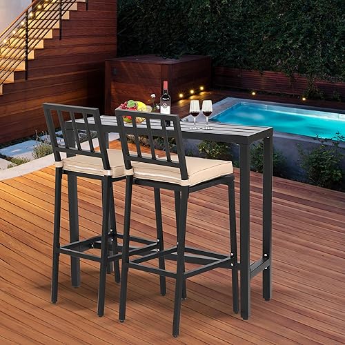 Miniatura 34 de Mesa de bar para exteriores, consola de patio, mesa de altura con marco de acero recubierto de polvo, resistente a la intemperie, parte superior Gris