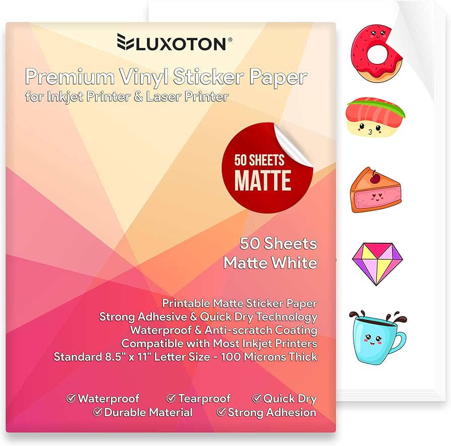 Amazon.com : Printable Vinyl Sticker Paper for Inkjet Printer - 50 Sheets Matte Sticker Paper - Printable Sticker Paper - Cricut Sticker Paper Printable Vinyl for Inkjet Printer & Laser Printer -