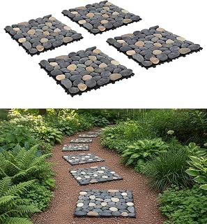 jxgzyy 4-Pack Interlocking Pebble Stepping Stones for Garden Pathways, 11.8" Outdoor Square Pavers, Easy DIY Landscaping Mats - Multi-Color
