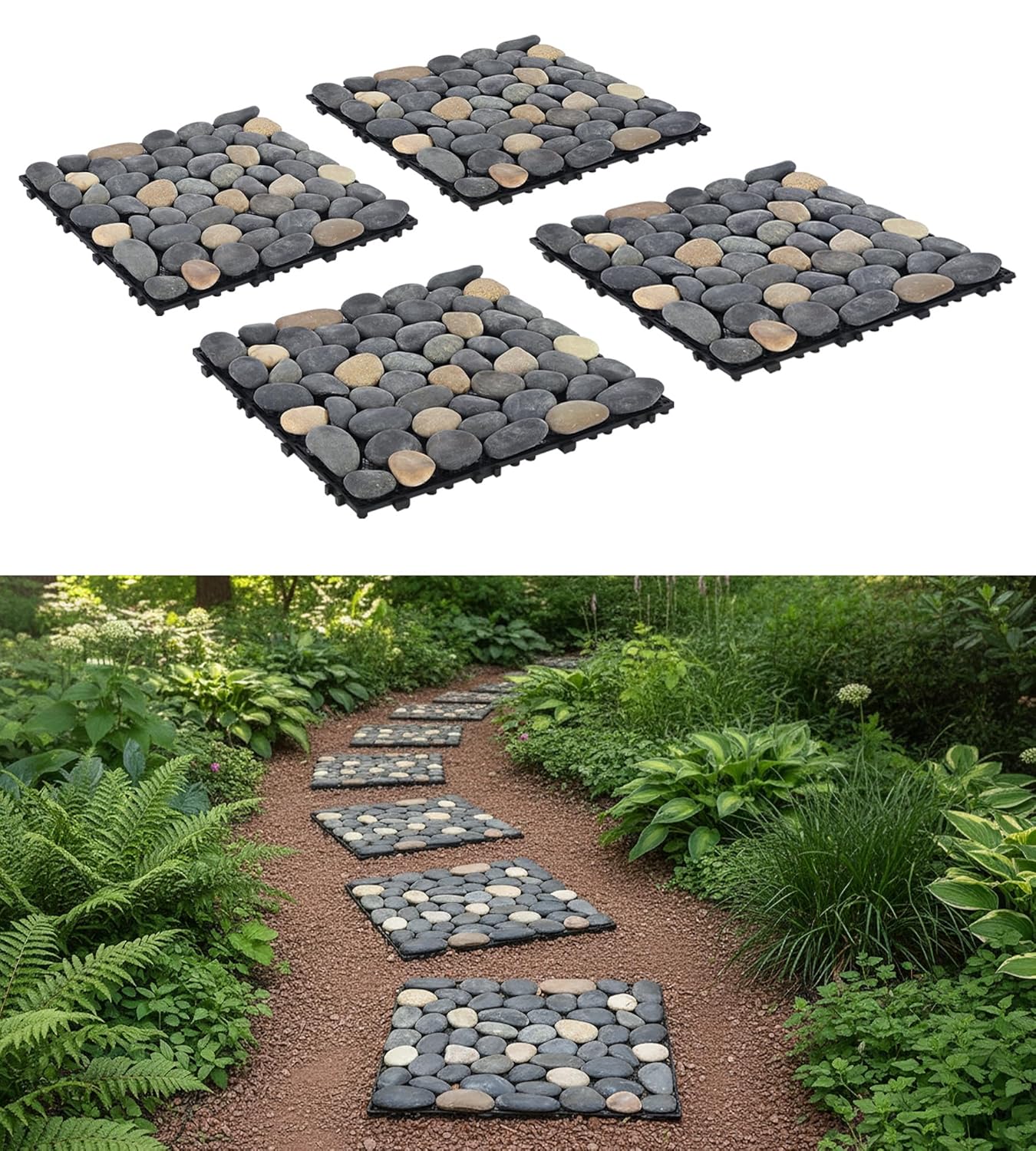 jxgzyy 4-Pack Interlocking Pebble Stepping Stones for Garden Pathways, 11.8" Outdoor Square Pavers, Easy DIY Landscaping Mats - Multi-Color