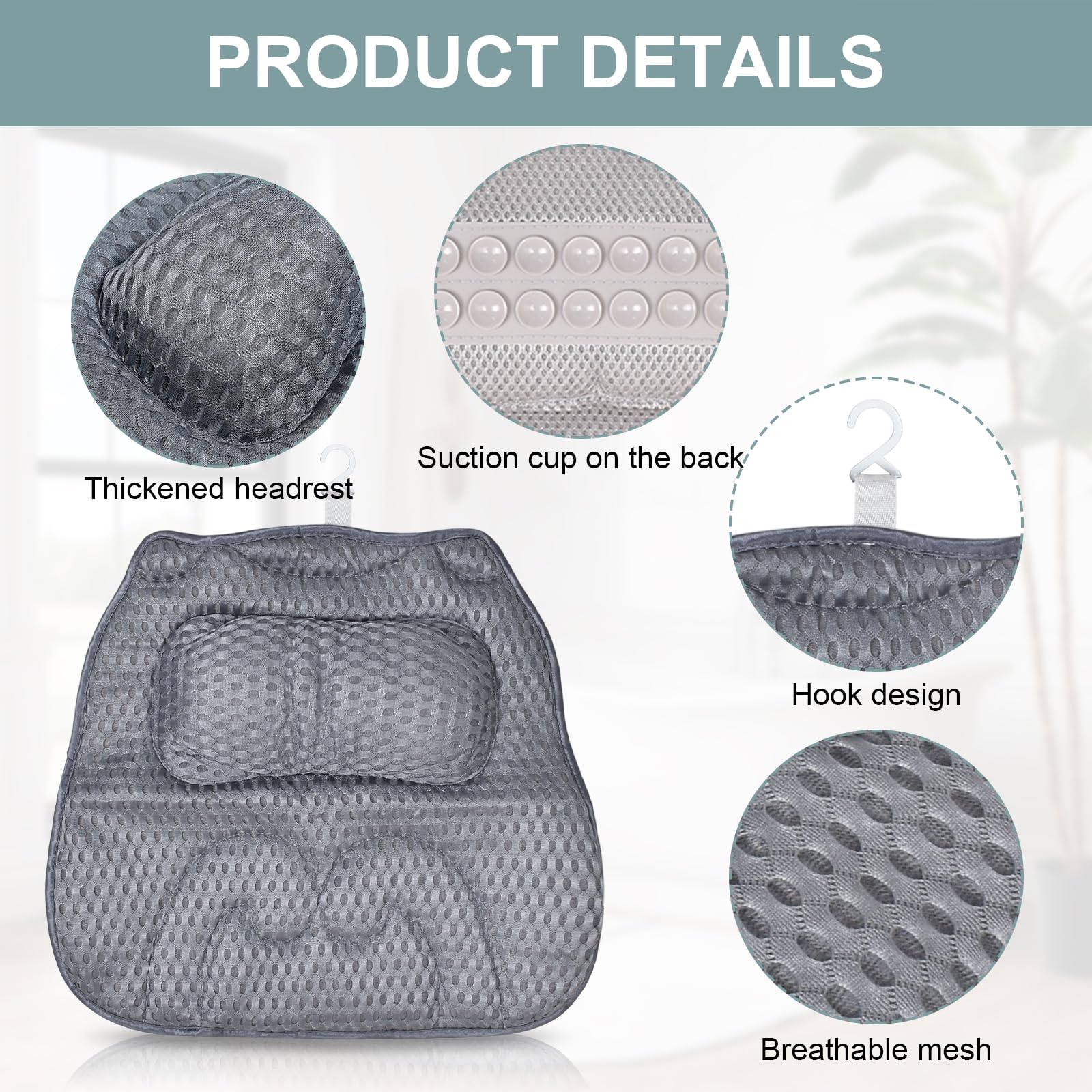 Almohada de Baño, Almohada Bañera con Ventosas Antideslizantes, Cojin de Bañera Puede Soportar la Cabeza, el Cuello,la Espalda, para SPA en Casa Bañera de Hidromasaje Gris
