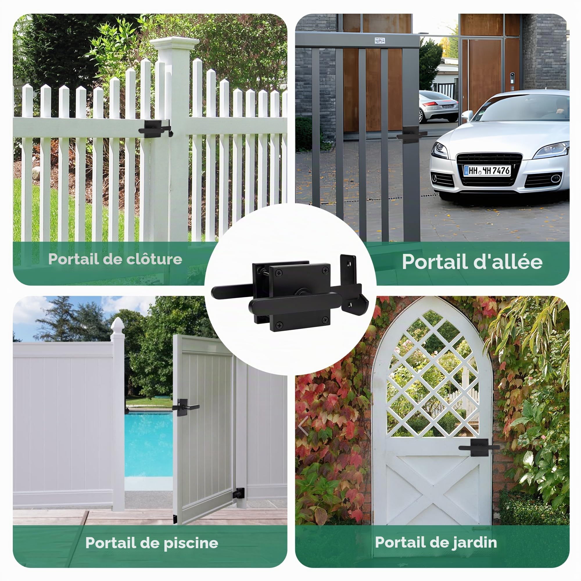 JUBEST Loquet de portail pour 2 côtés, quincaillerie de porte battante, clôture extérieure, portails en bois à gauche, portail de piscine, jardin et cours, robuste