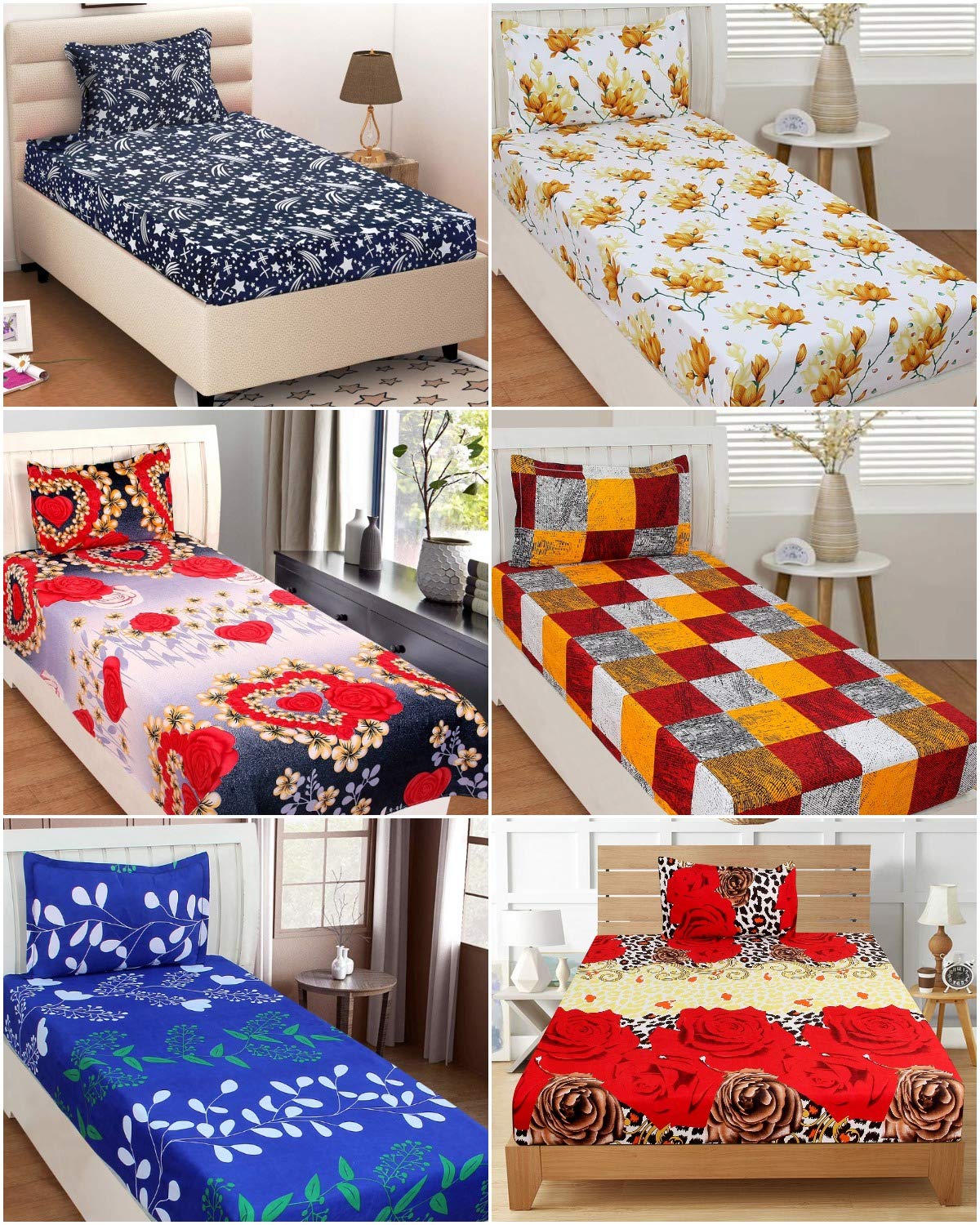 BSB Trendz® 144 TC Microfibre 6 Single Bedsheet Floral Design with 6 King Size Pillow Covers,Pack of 6 Pcs Combo,Size-228X152 cm Color-Red,Blue,Yellow & Brown