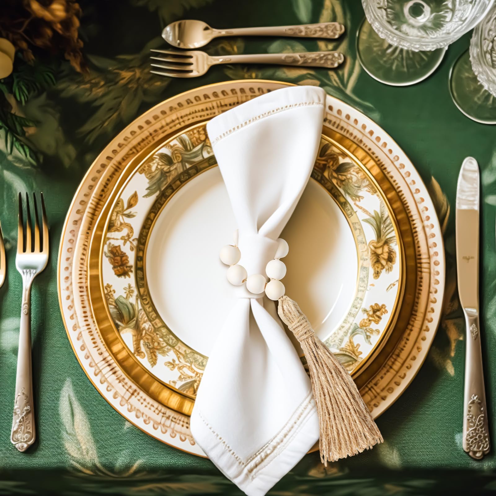 Maxcheck 60 portatovaglioli con perline in legno con nappa, fatti a mano, in legno, portatovaglioli con perline naturali, per tavolo, sala da pranzo, feste, matrimoni, riunioni, decorazione per la