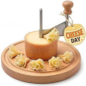 Cheese Curler Wheel for Tete de Moine Cheese & Chocolate Curls - Cheese Shaver Tool with Stainless Steel Blade, Silicone Non-Slip Pads on Wood Base for Decorative Home Serving Use